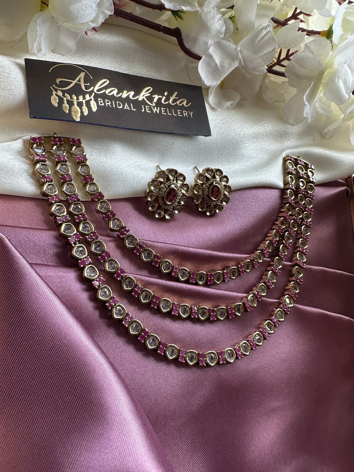 Premium Three Layered Victorian Pink & White Short Necklace