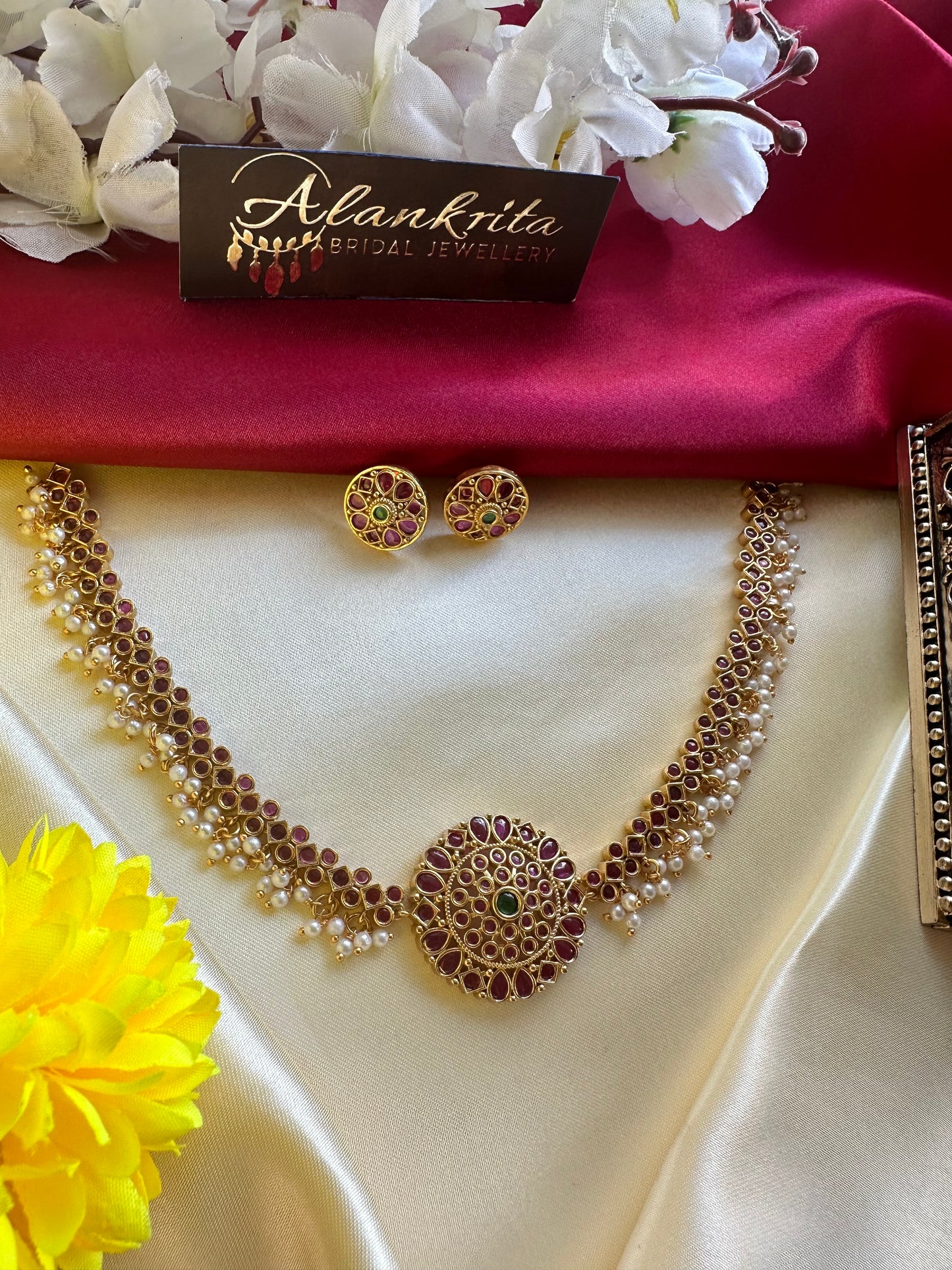 Premium Kemp Ruby Short Necklace with Cluster Pearls