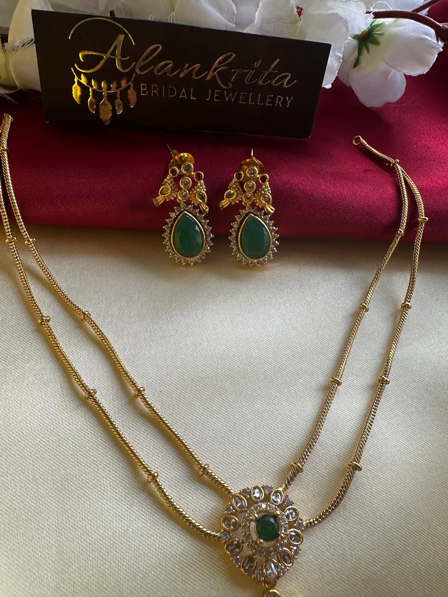 Two Layered Chain Necklace with Green Drop Pendant