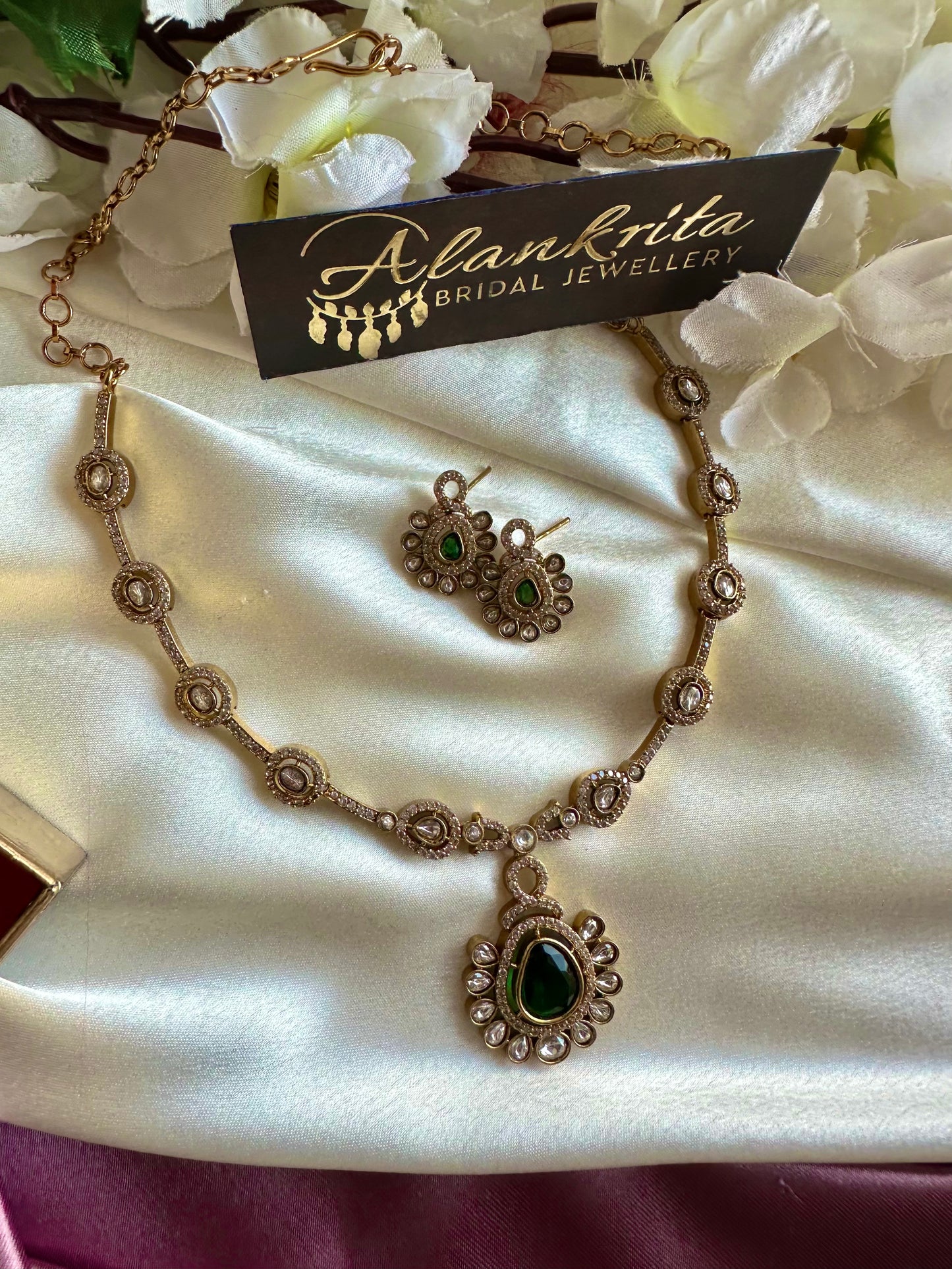 Premium Green Victorian Short Necklace with Kundan Stones