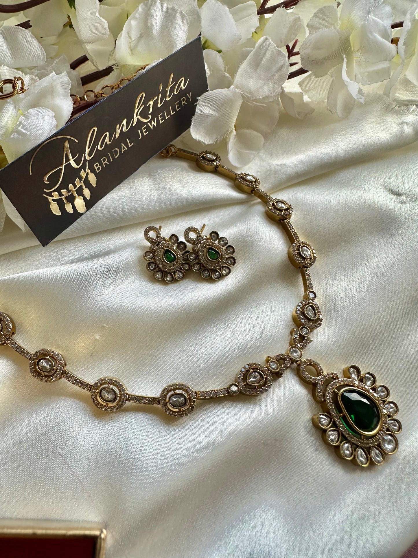 Premium Green Victorian Short Necklace with Kundan Stones