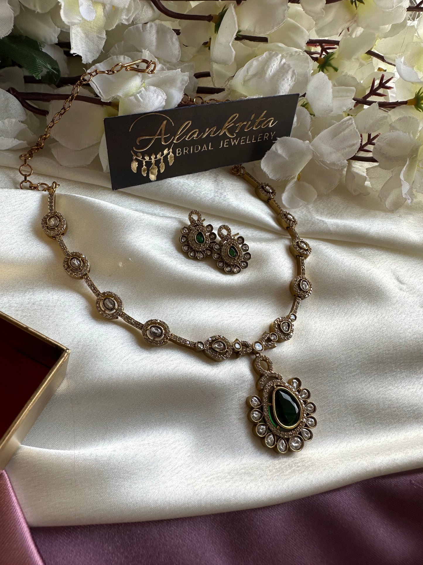 Premium Green Victorian Short Necklace with Kundan Stones
