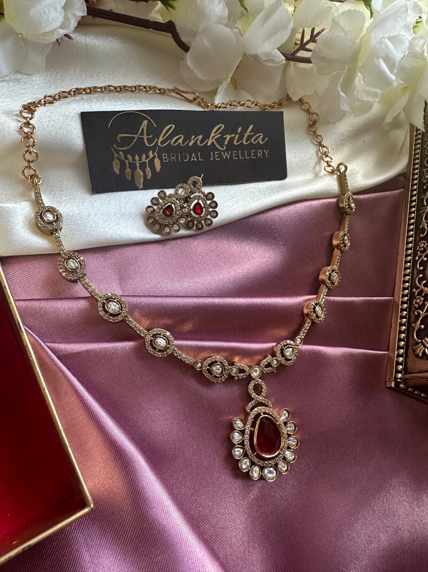 Premium Red Victorian Short Necklace with Kundan Stones