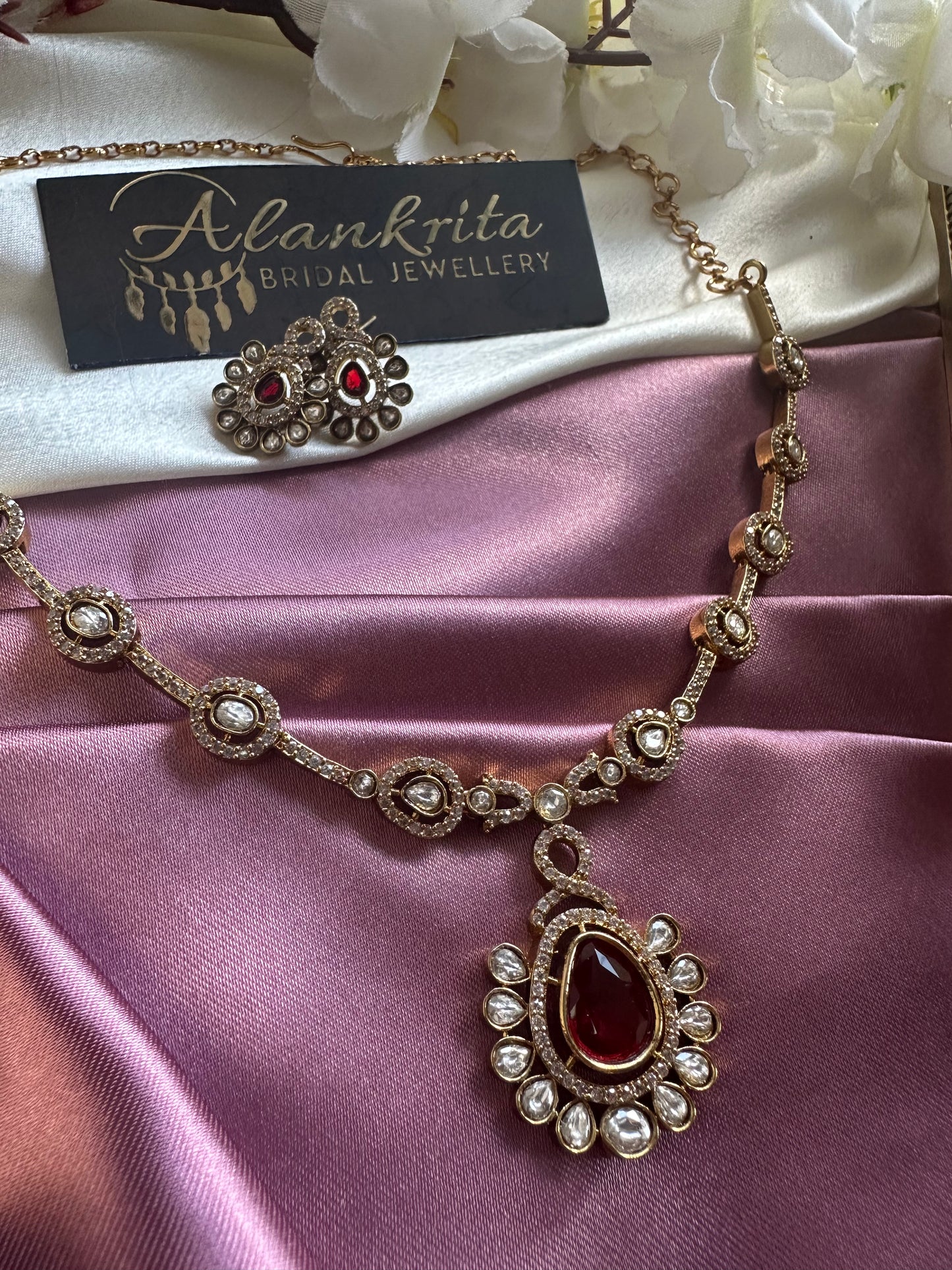 Premium Red Victorian Short Necklace with Kundan Stones