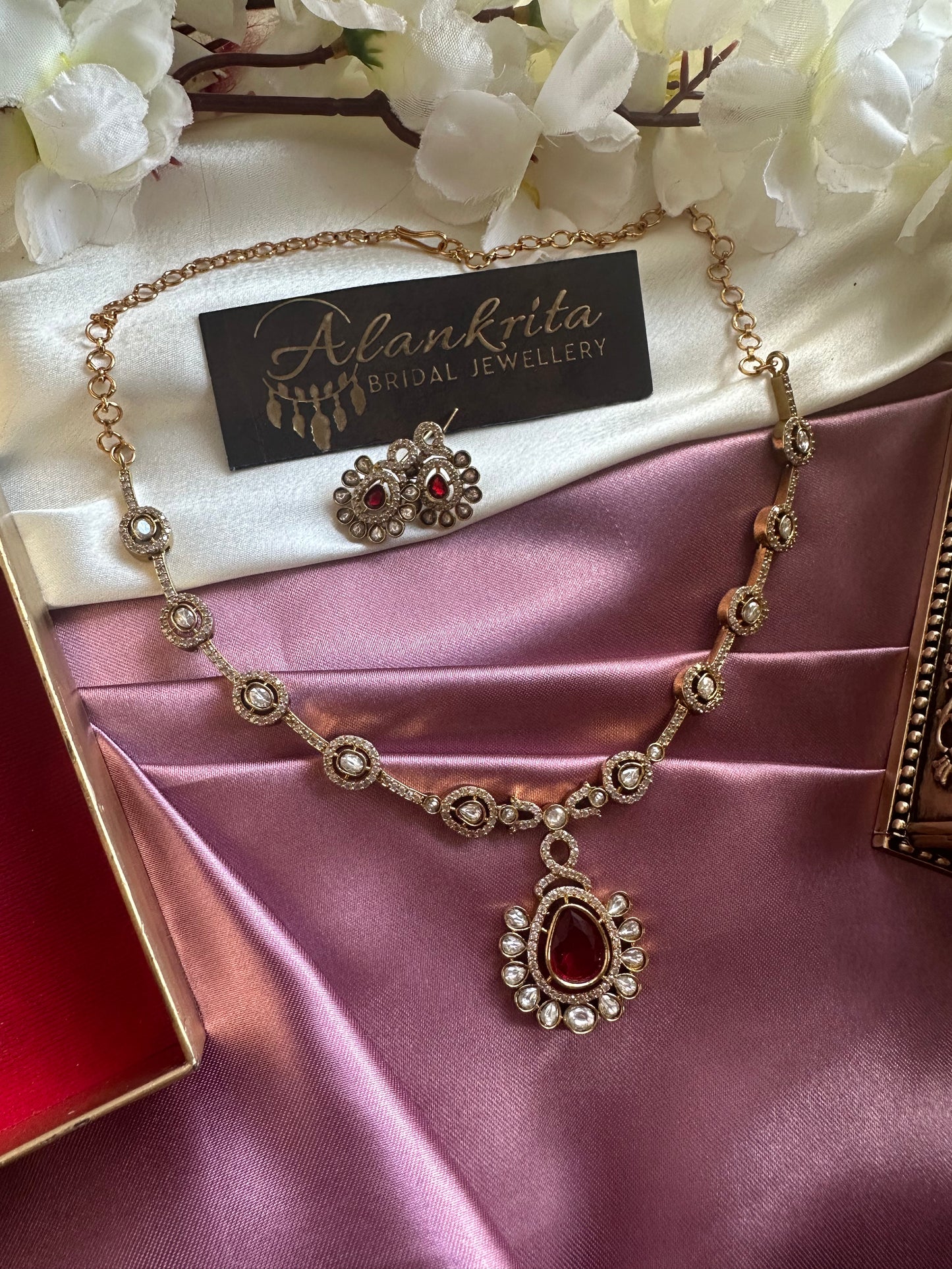 Premium Red Victorian Short Necklace with Kundan Stones