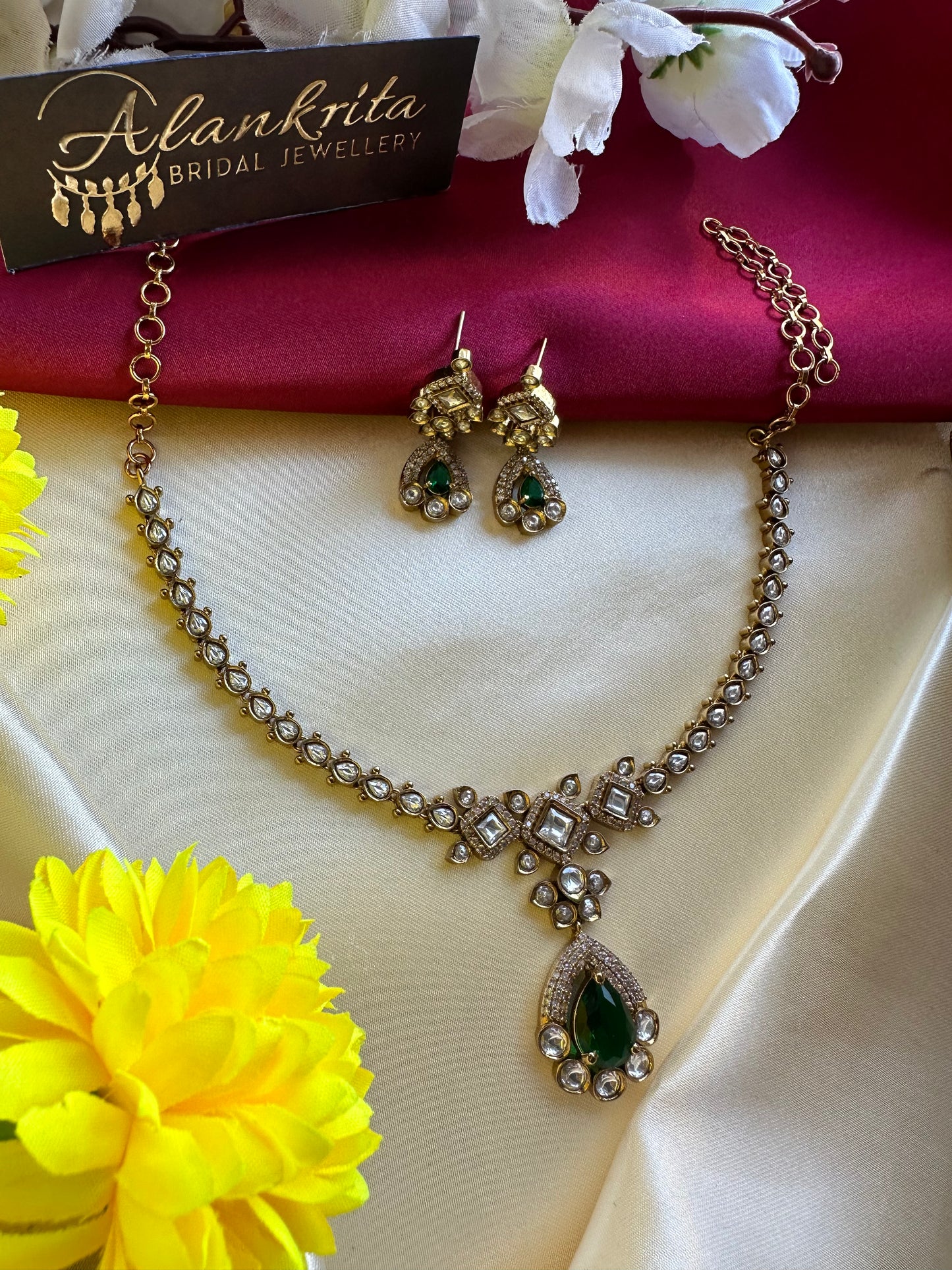 Premium Green Victorian Short Necklace with Kundan Stones