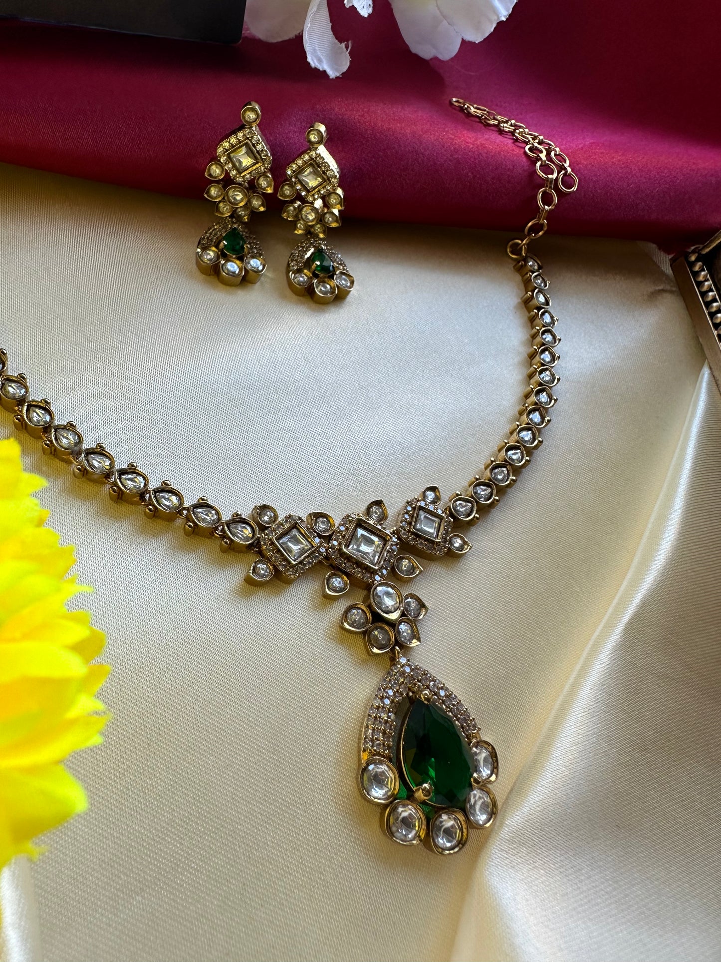 Premium Green Victorian Short Necklace with Kundan Stones