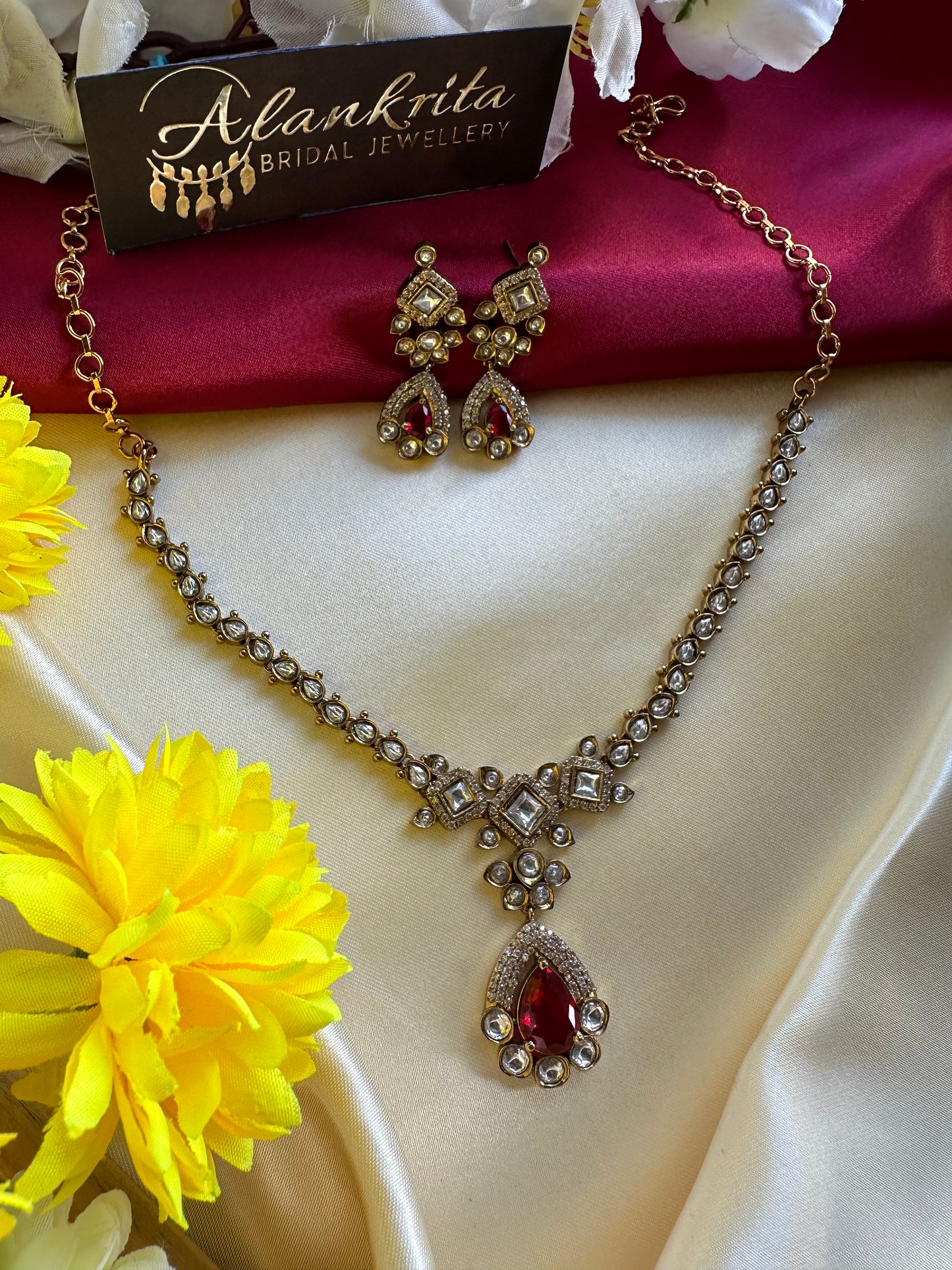 Premium Red Victorian Short Necklace with Kundan Stones