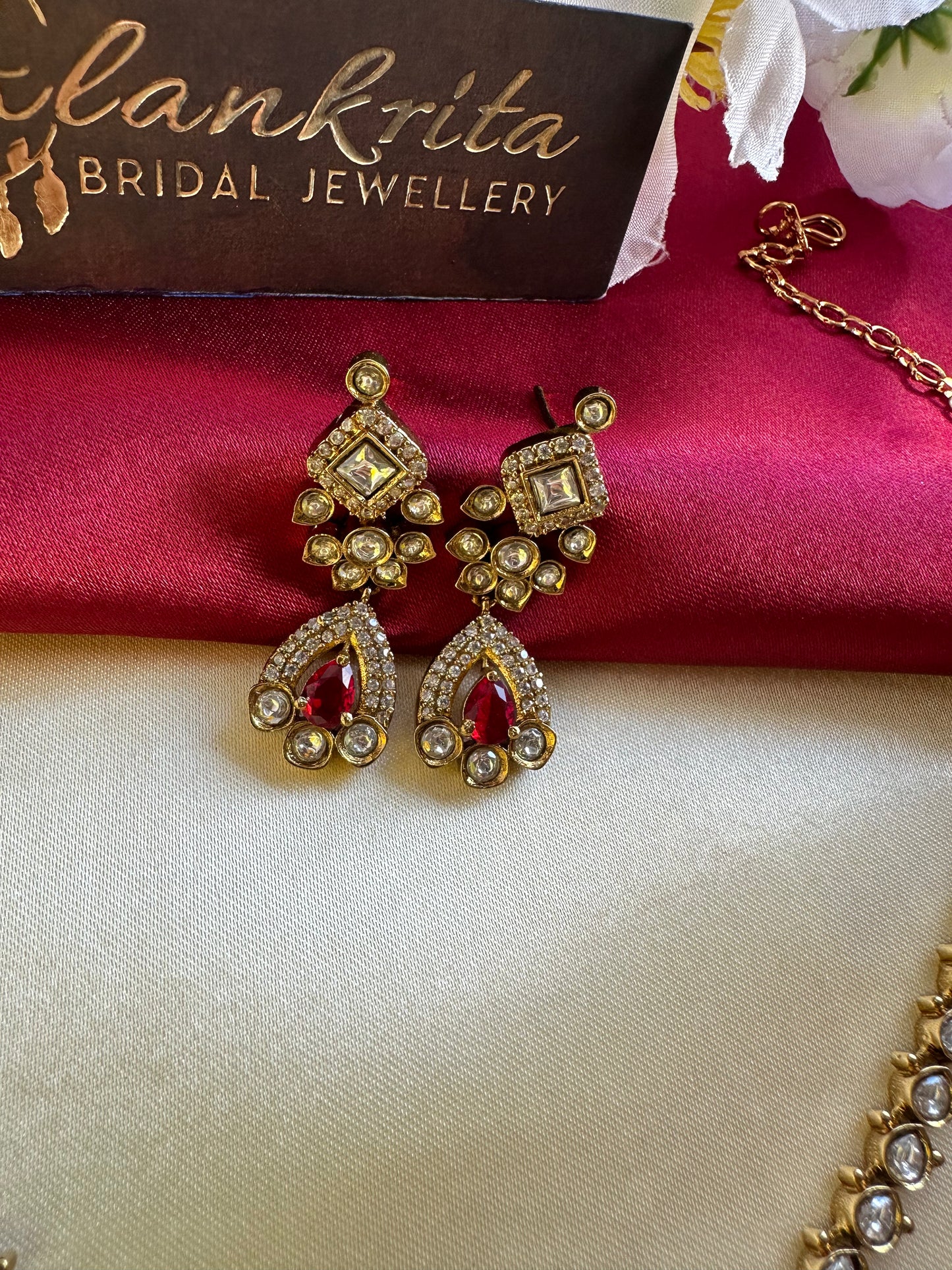 Premium Red Victorian Short Necklace with Kundan Stones