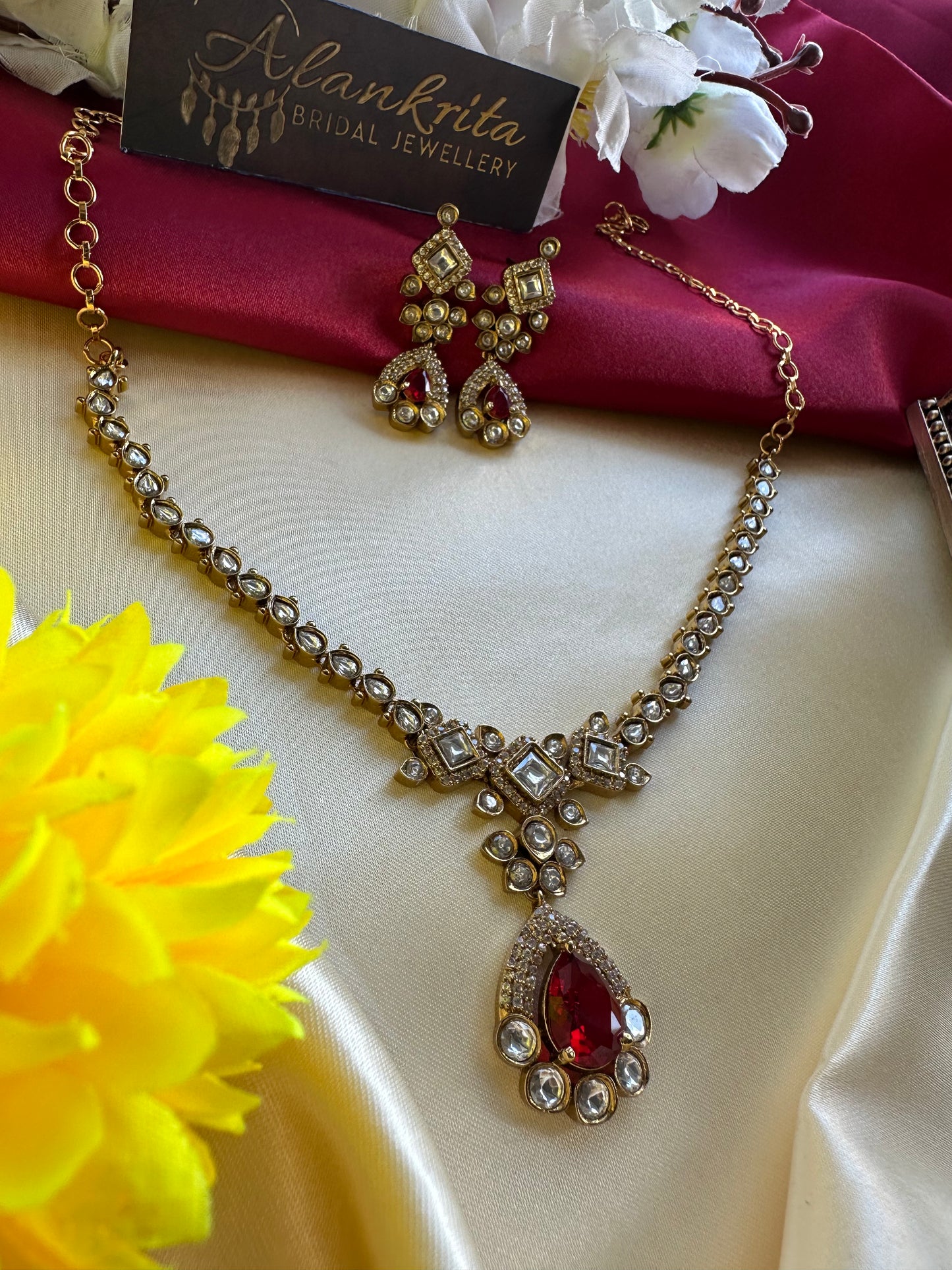 Premium Red Victorian Short Necklace with Kundan Stones