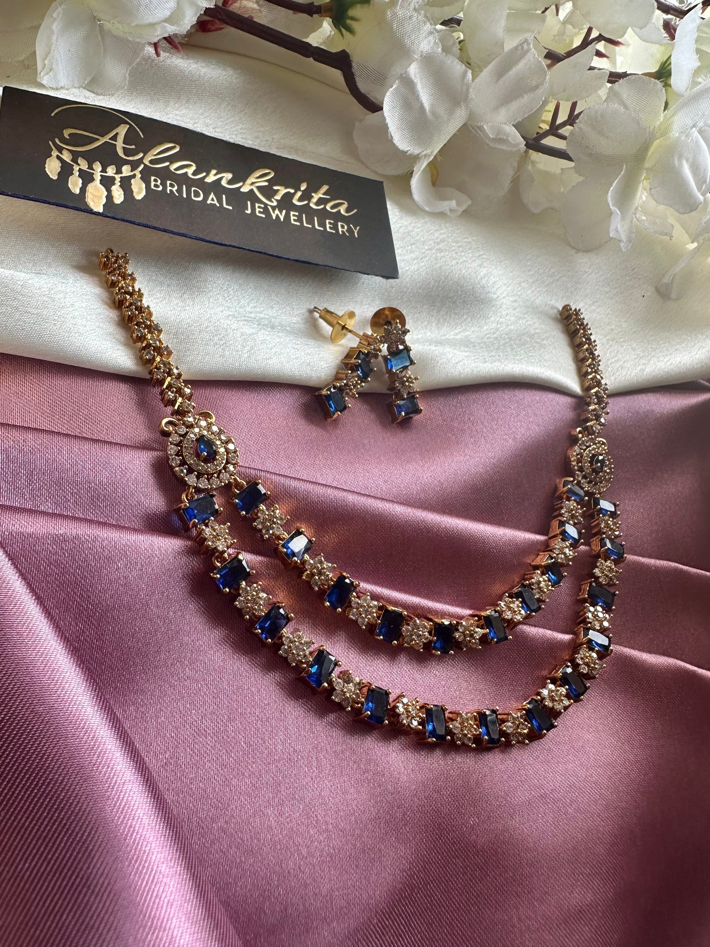 Two Layered Blue Short Necklace with AD Stones