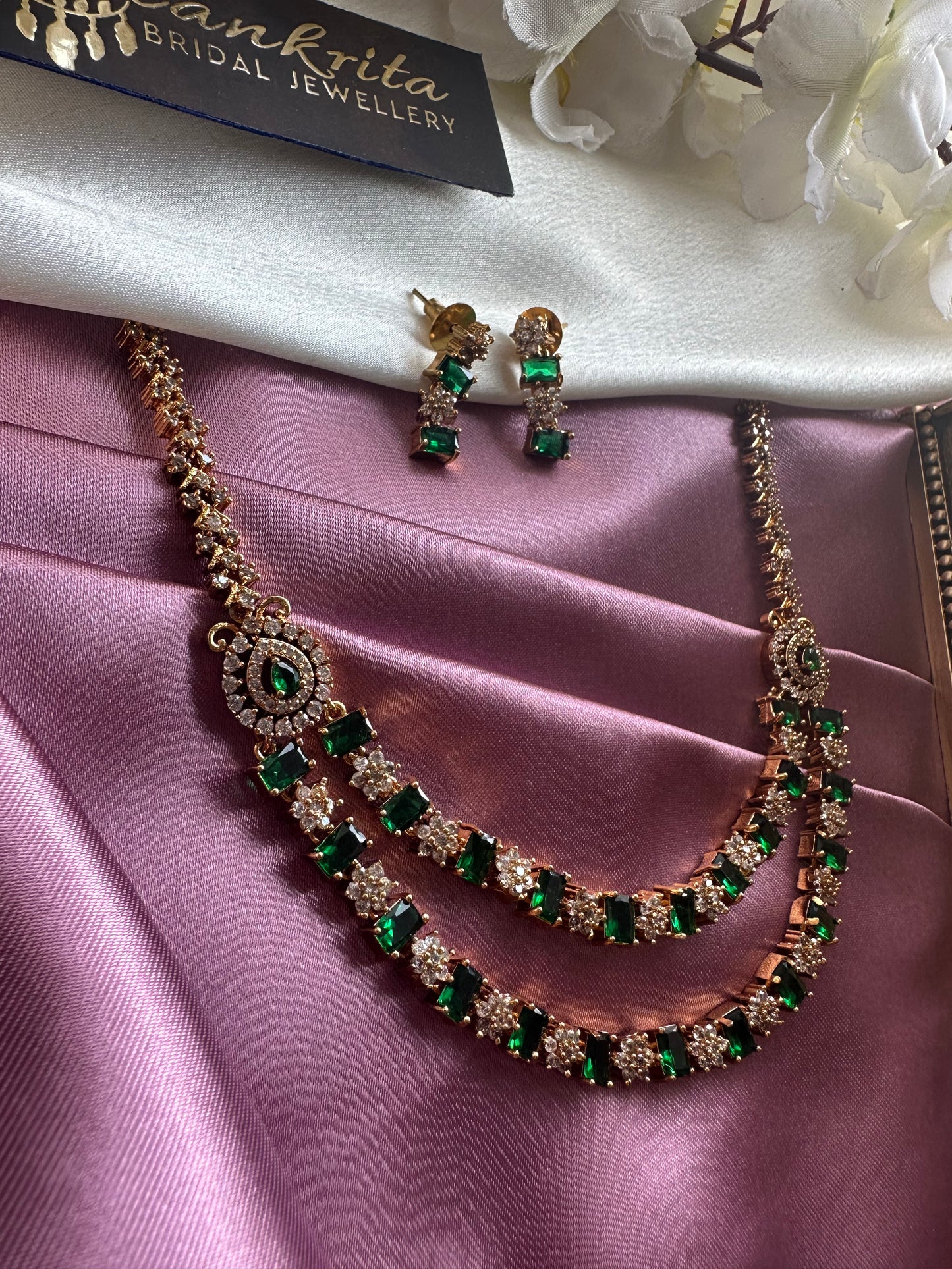 Two Layered Green Short Necklace with AD Stones
