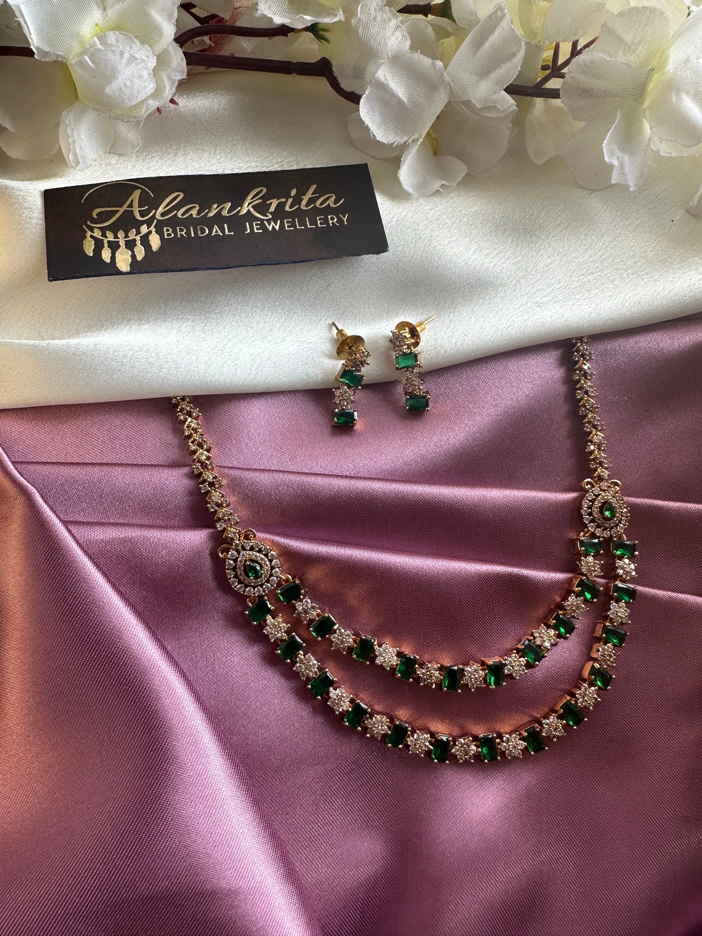 Two Layered Green Short Necklace with AD Stones