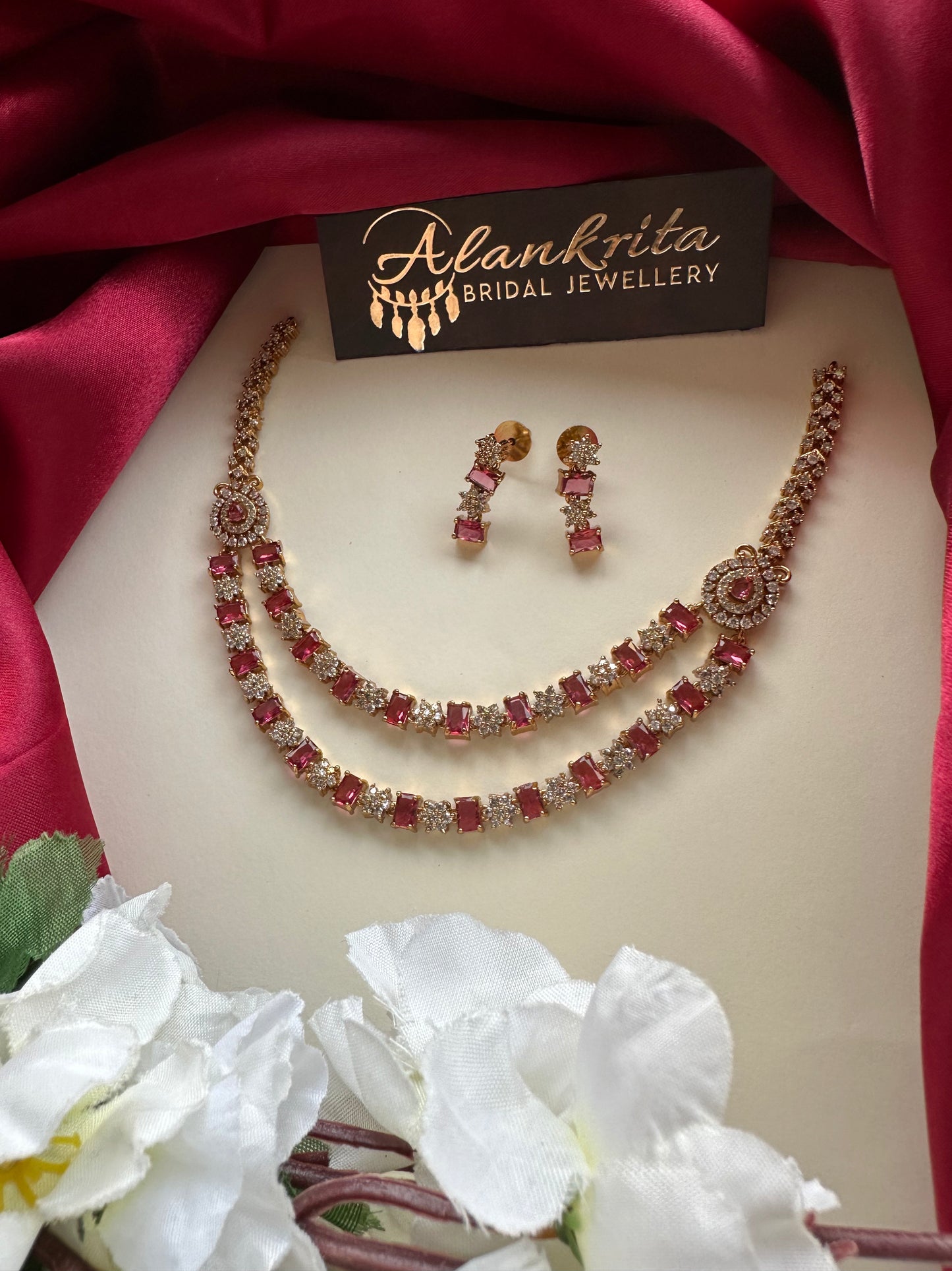 Two Layered Red Short Necklace with AD Stones