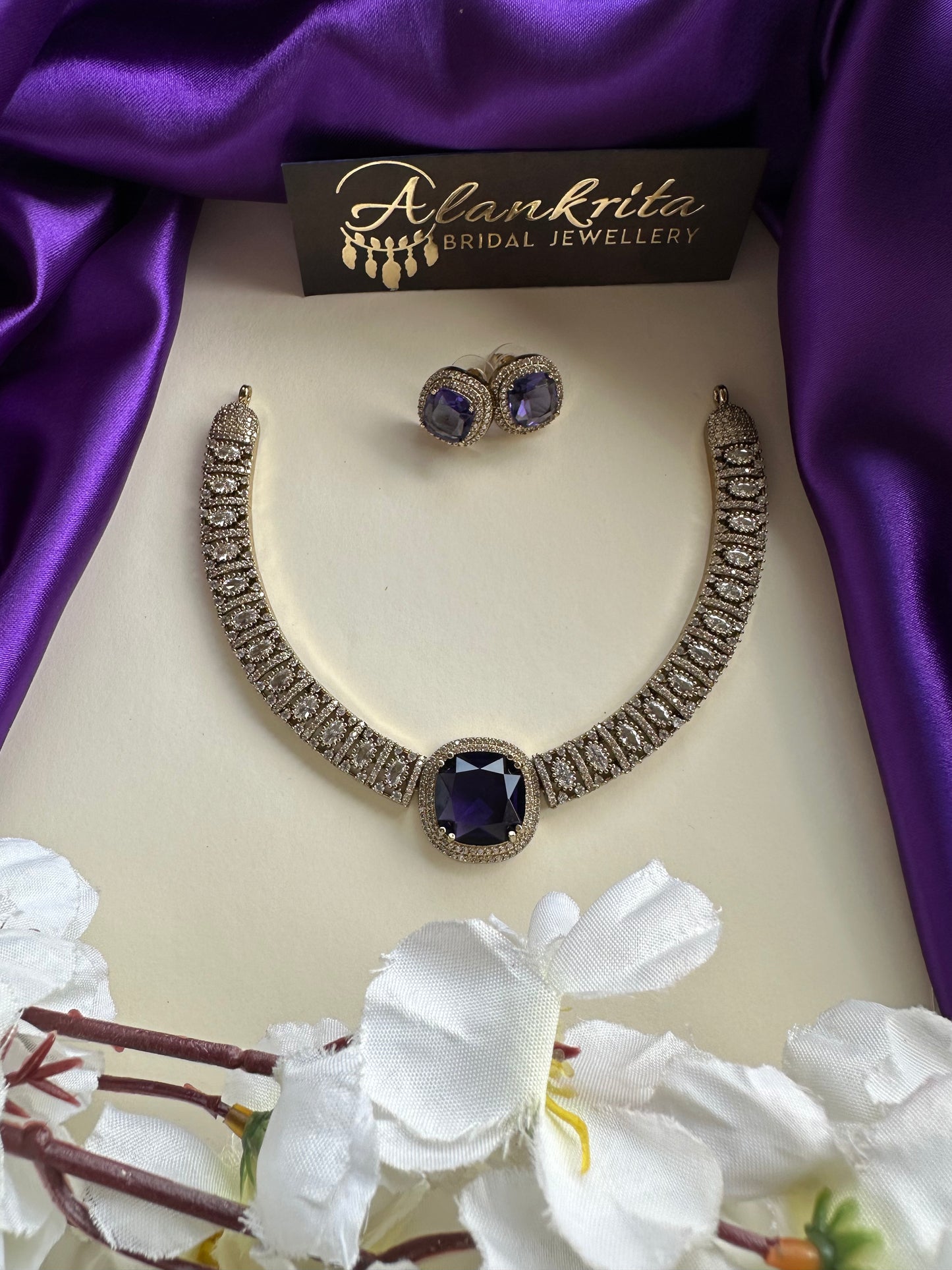 Blue Victorian Short Necklace with AD Stones