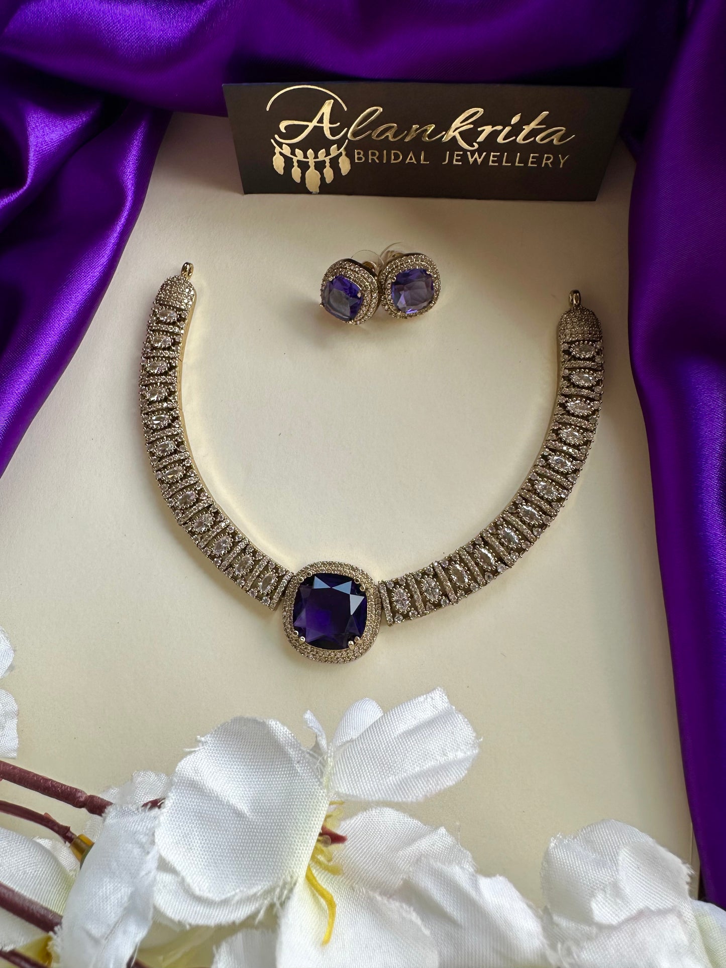 Blue Victorian Short Necklace with AD Stones