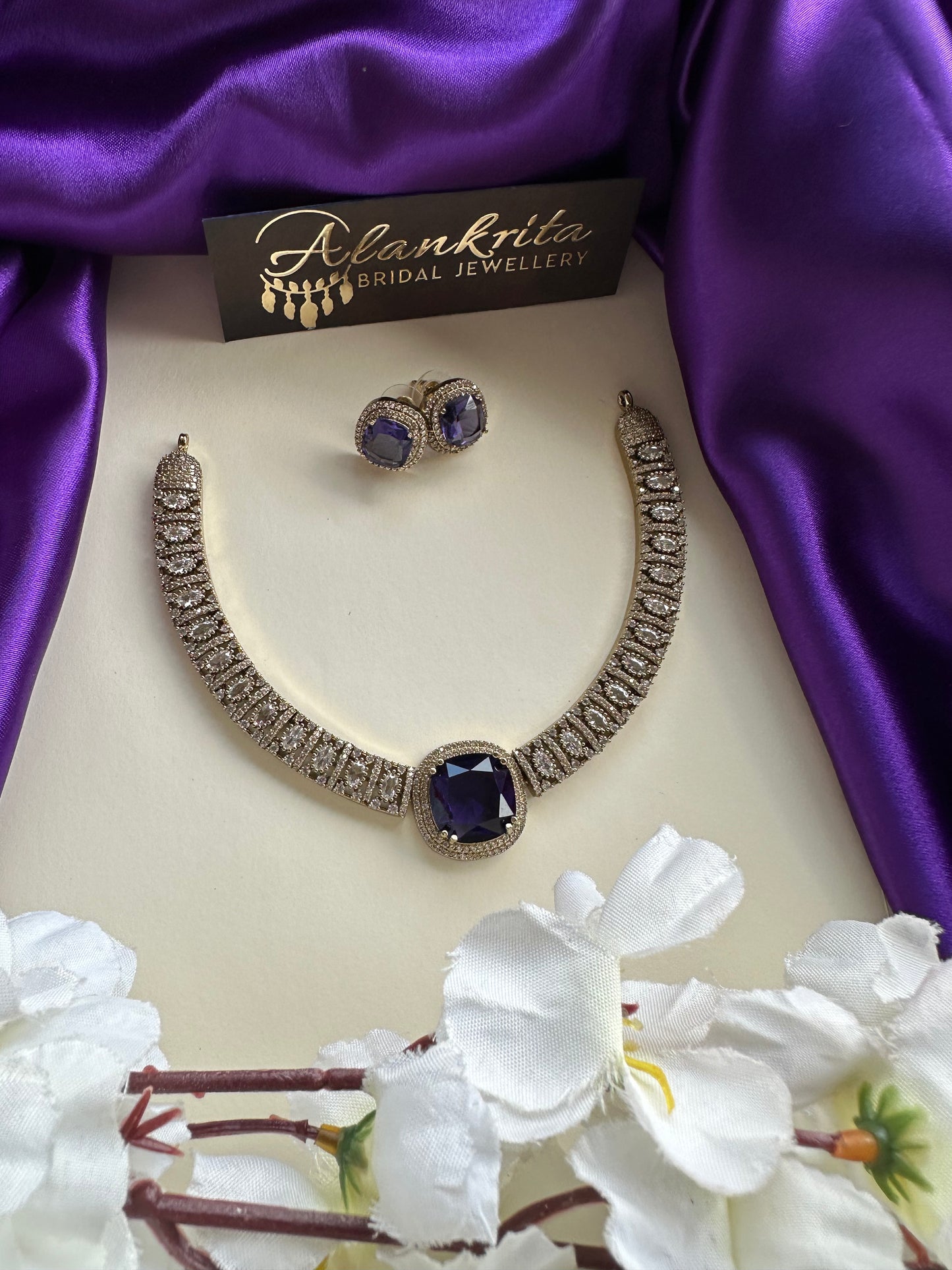 Blue Victorian Short Necklace with AD Stones