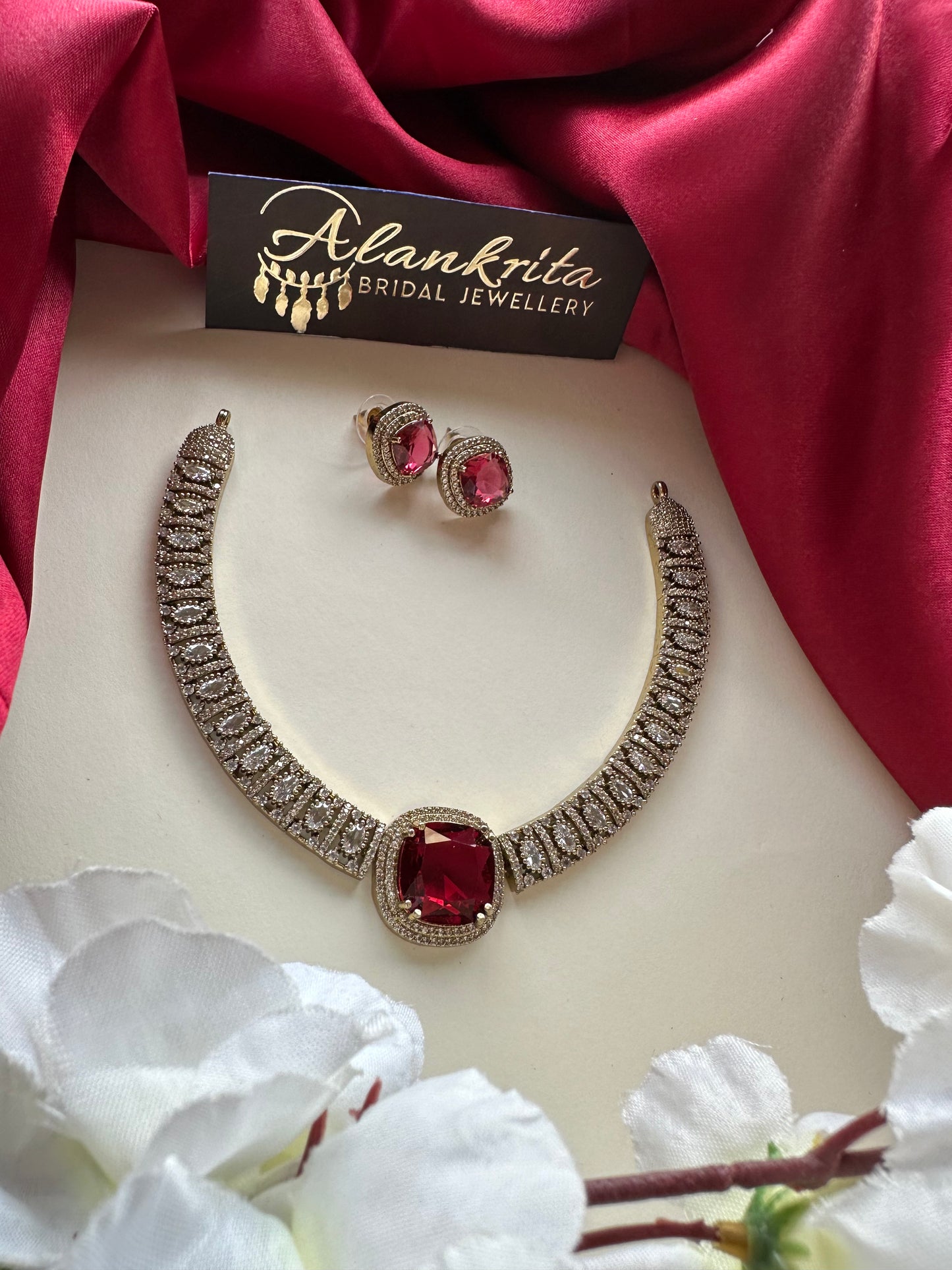Red Victorian Short Necklace with AD Stones