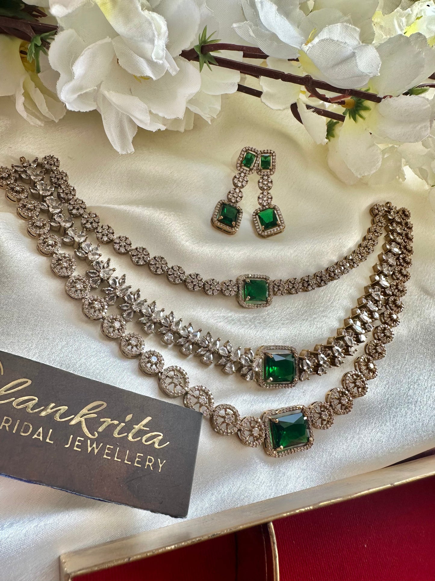 Three Layered Green Victorian Short Necklace with AD Stones