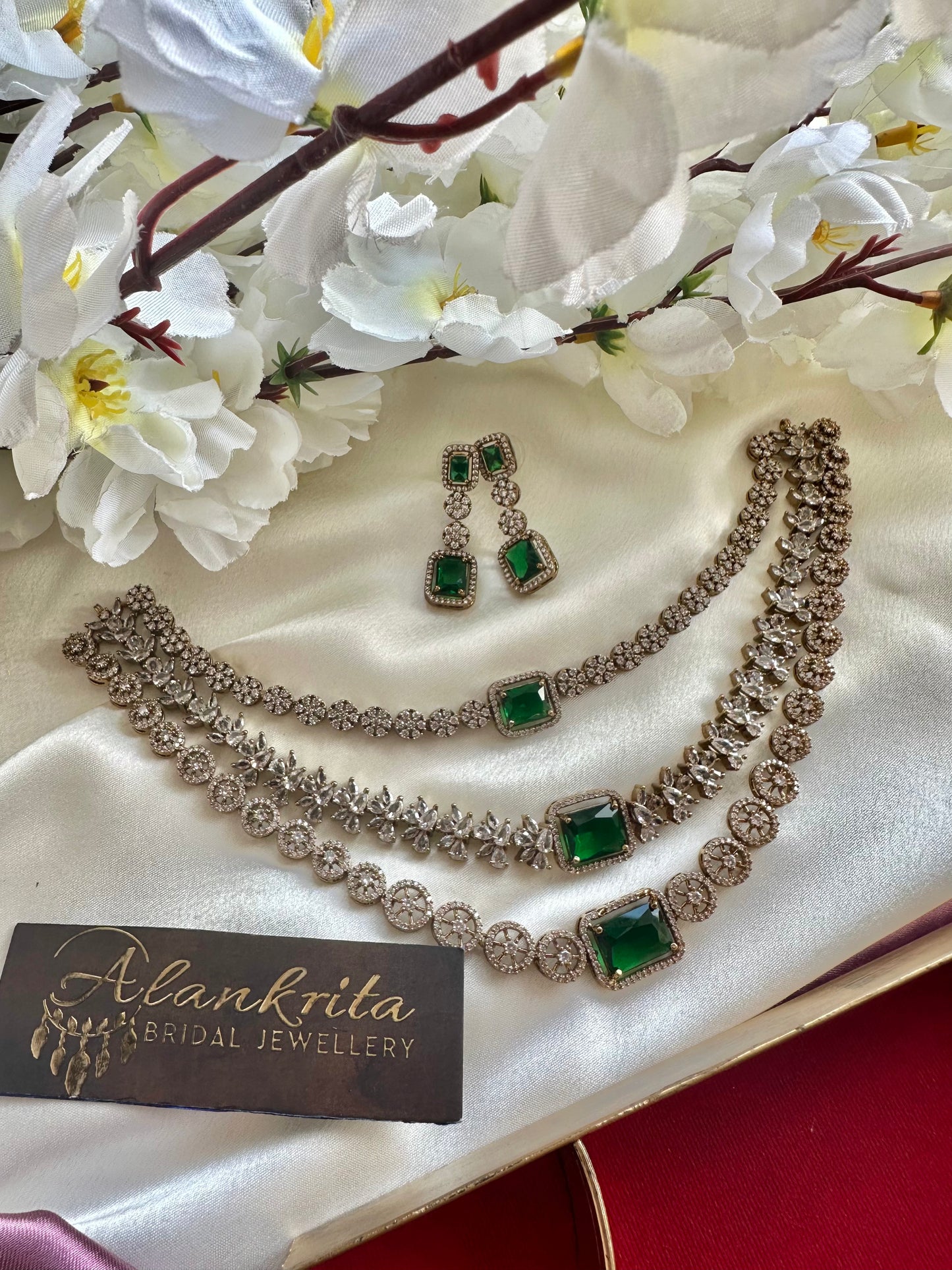 Three Layered Green Victorian Short Necklace with AD Stones