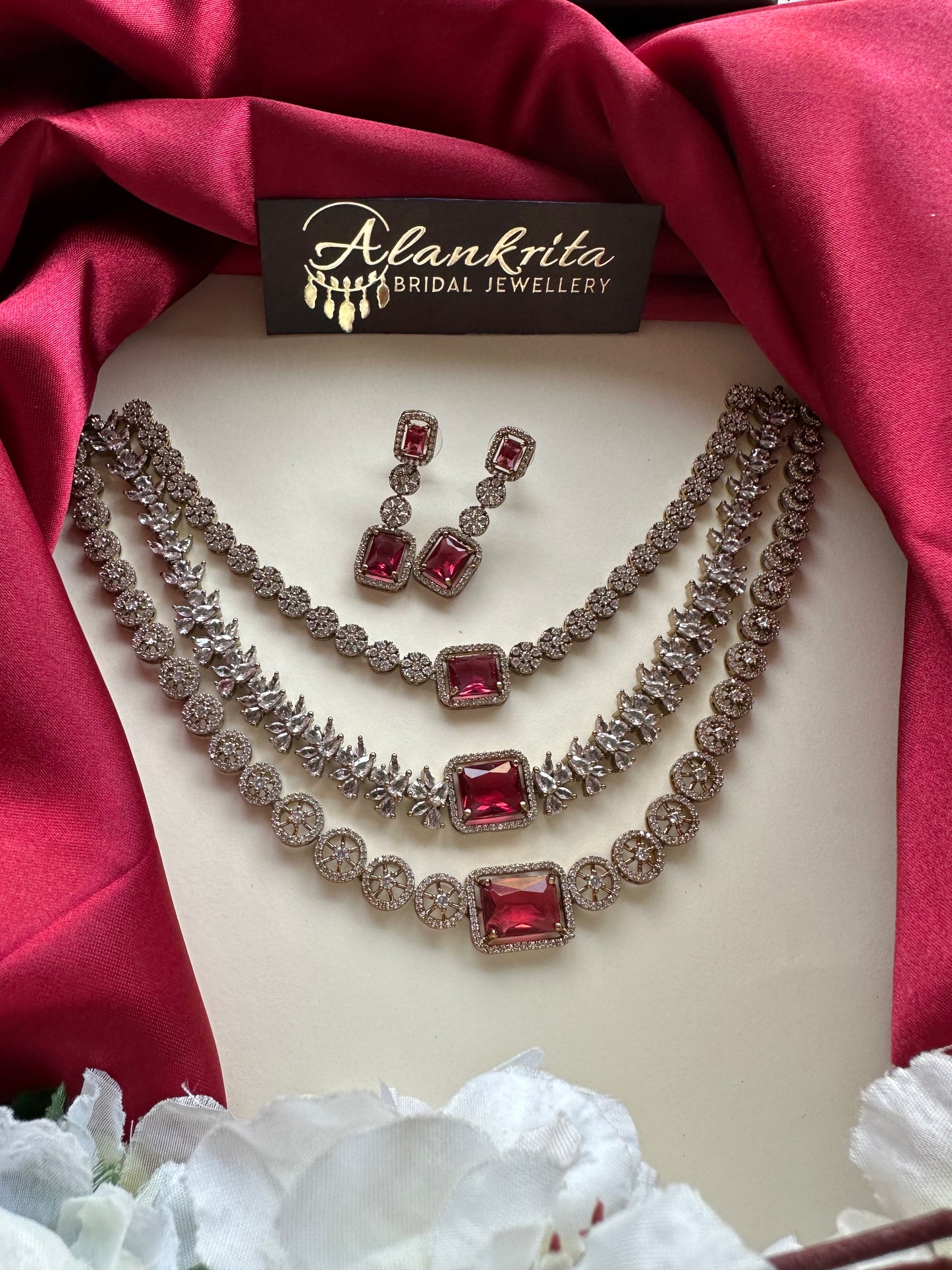 Three Layered Red Victorian Short Necklace with AD Stones