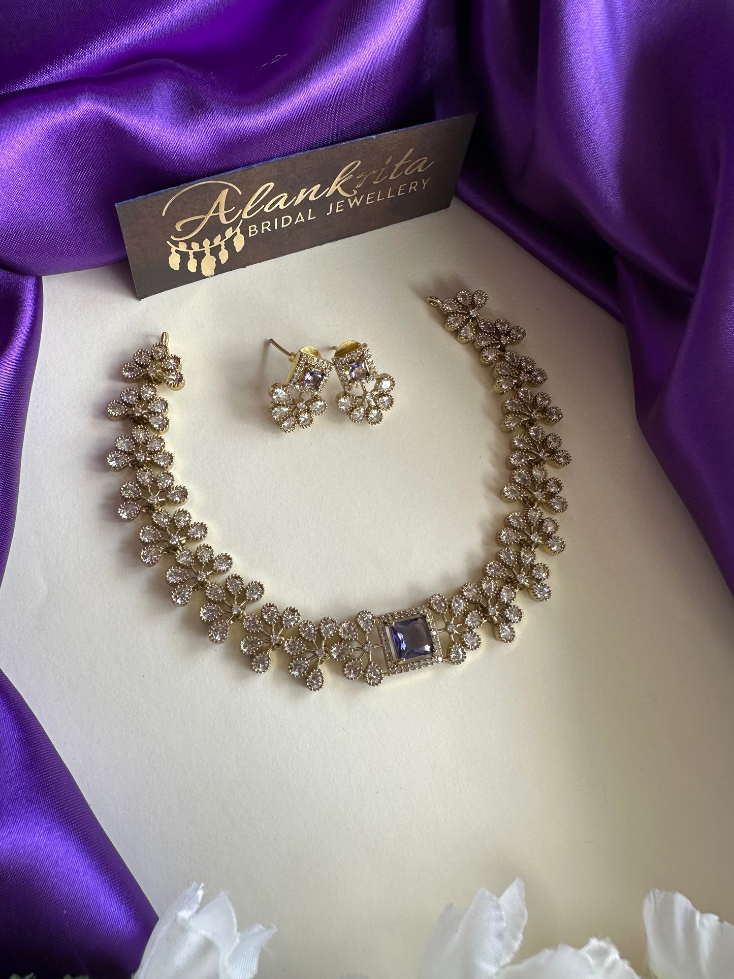 Floral Purple Short Necklace with AD Stones