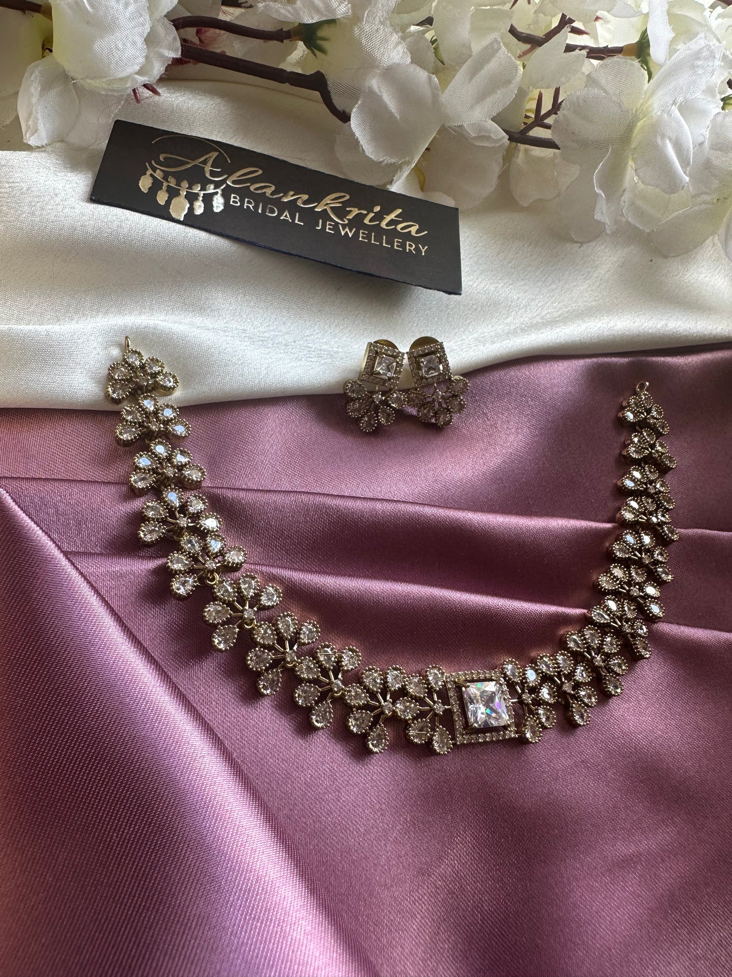 Floral White Short Necklace with AD Stones