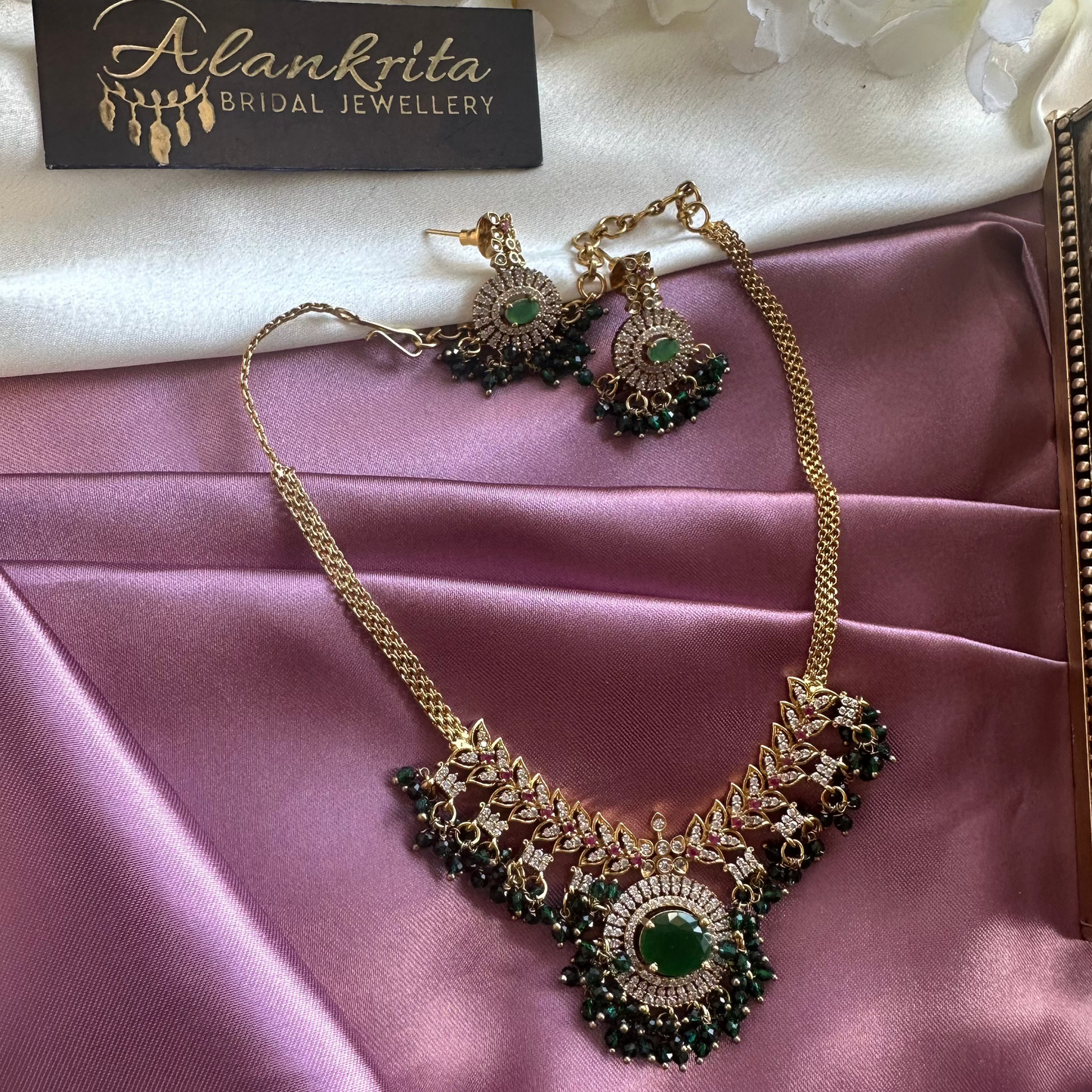 Green Short Necklace with AD Stones