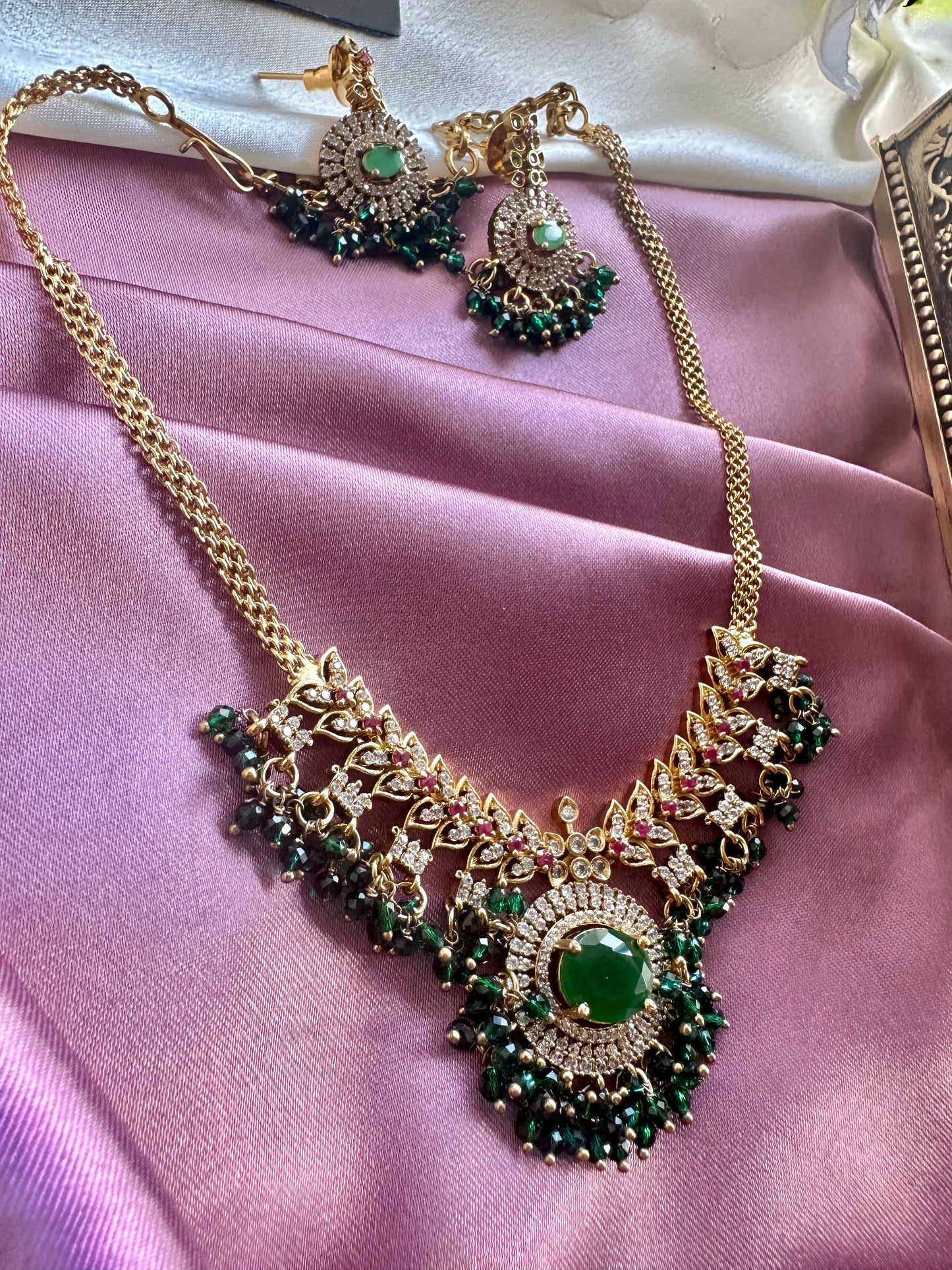 Green Short Necklace with AD Stones