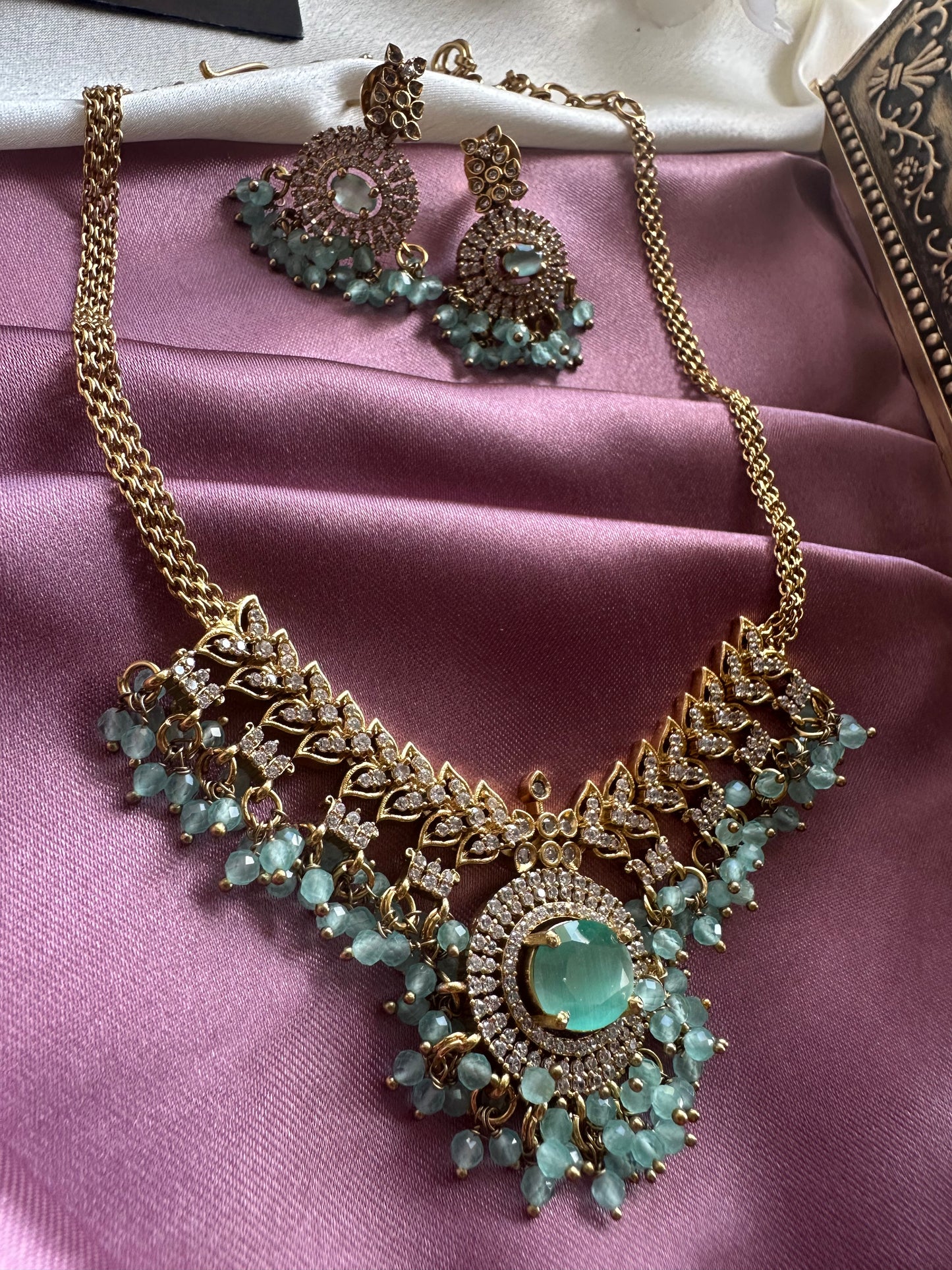 Mint Green Short Necklace with AD Stones