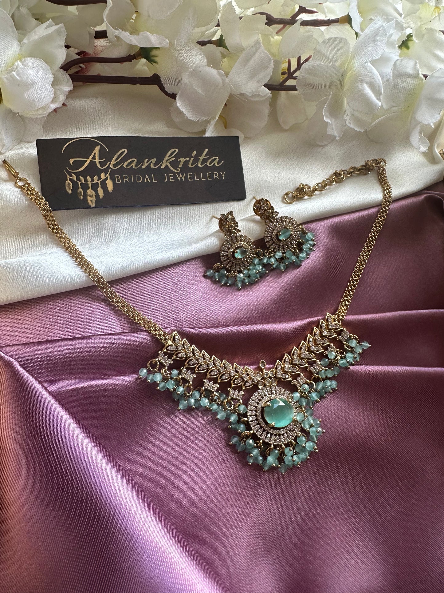 Mint Green Short Necklace with AD Stones