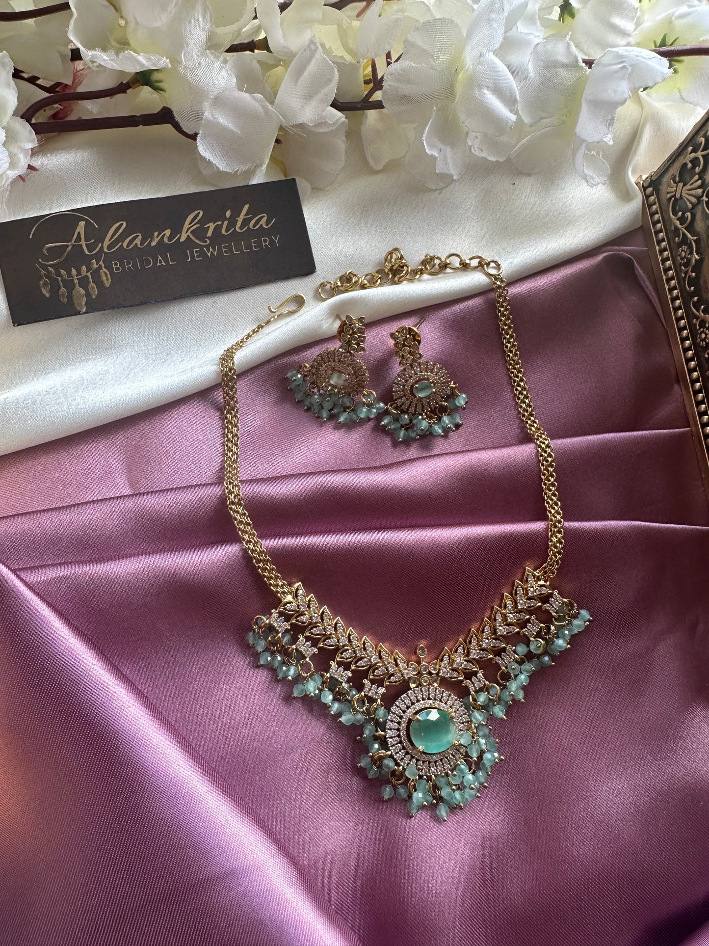 Mint Green Short Necklace with AD Stones