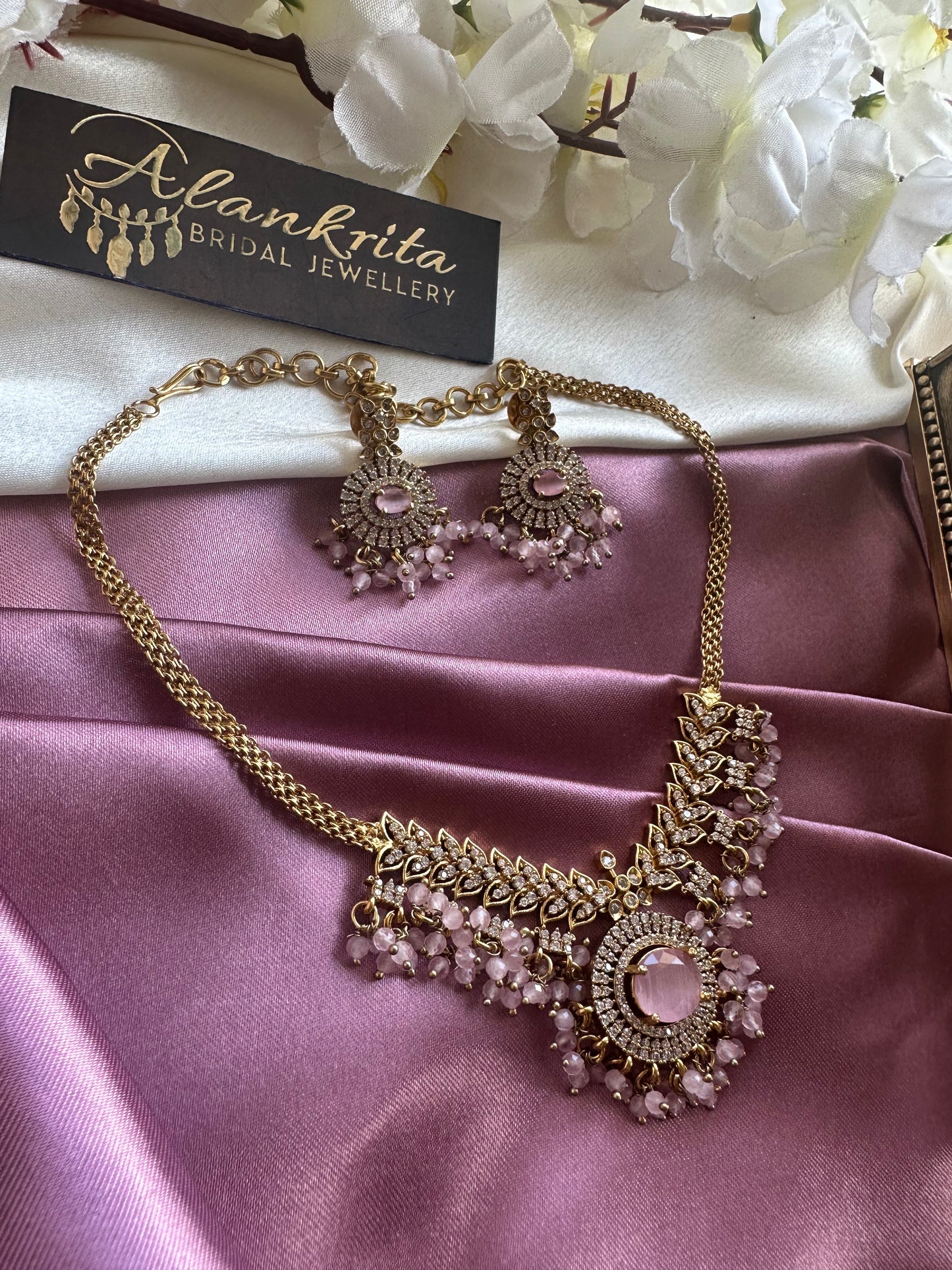 Pink Short Necklace with AD Stones