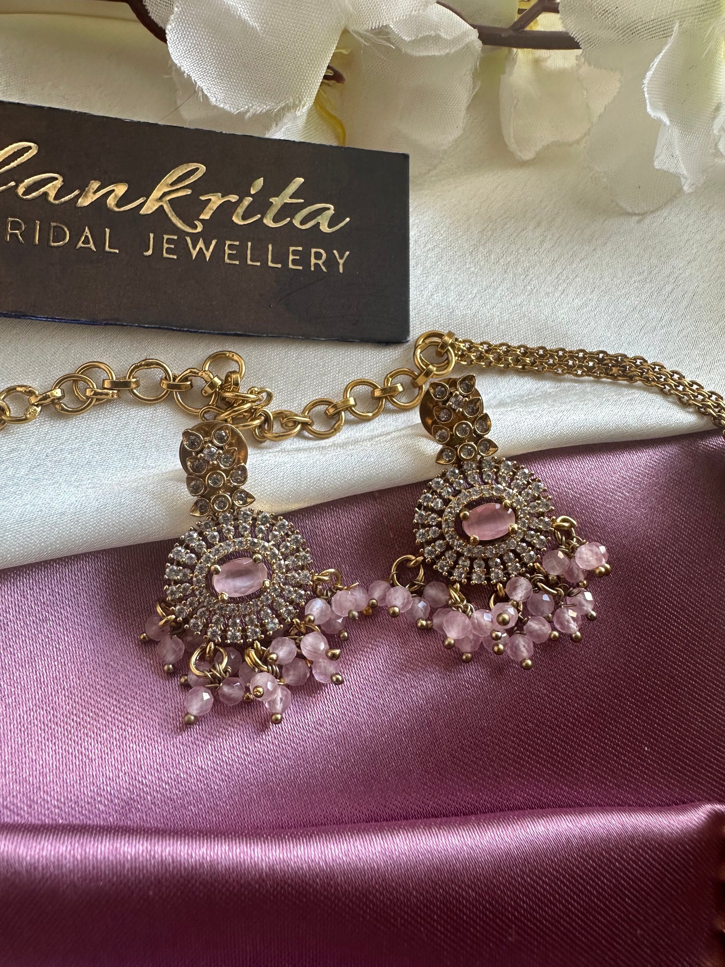 Pink Short Necklace with AD Stones