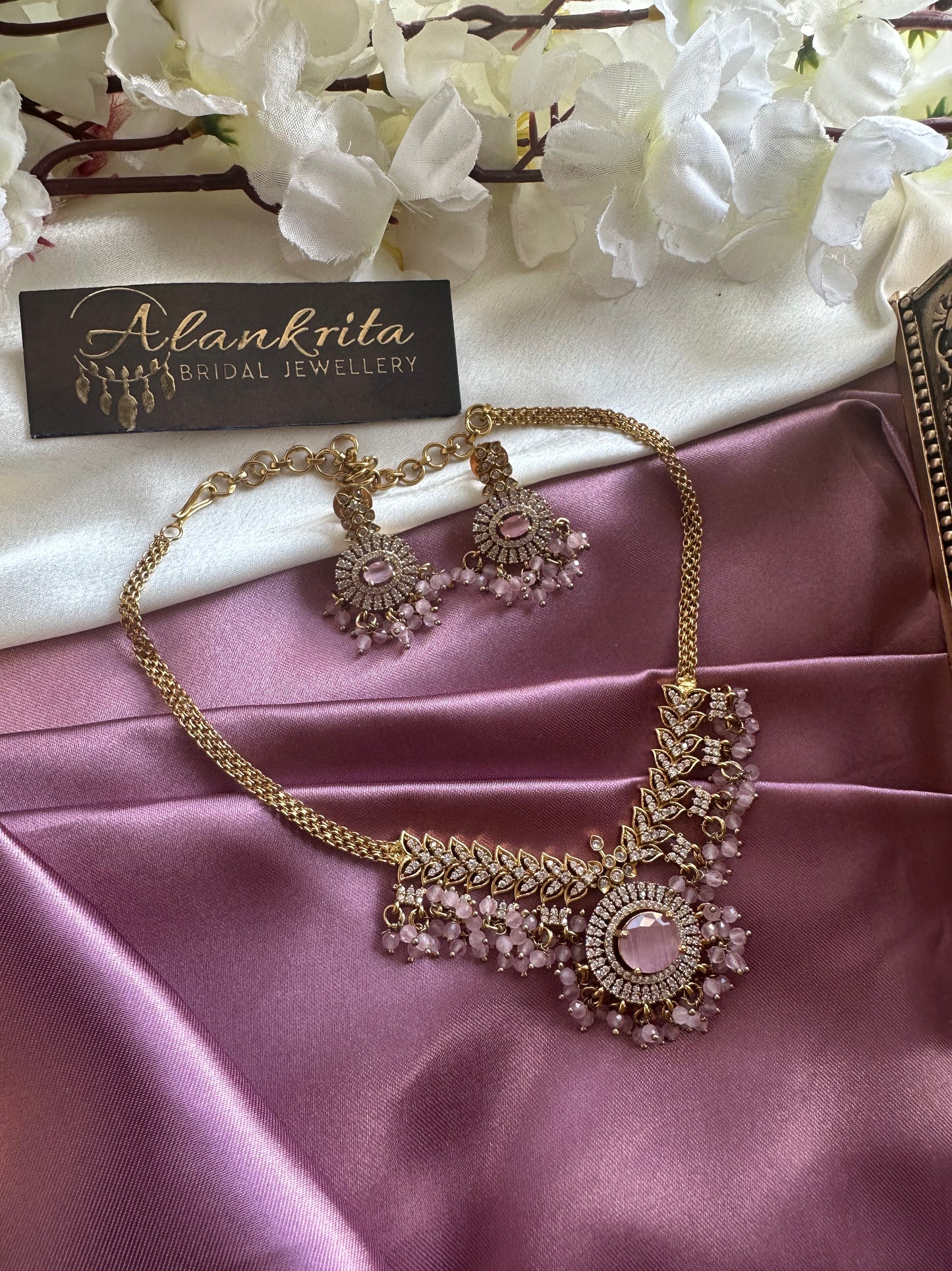 Pink Short Necklace with AD Stones