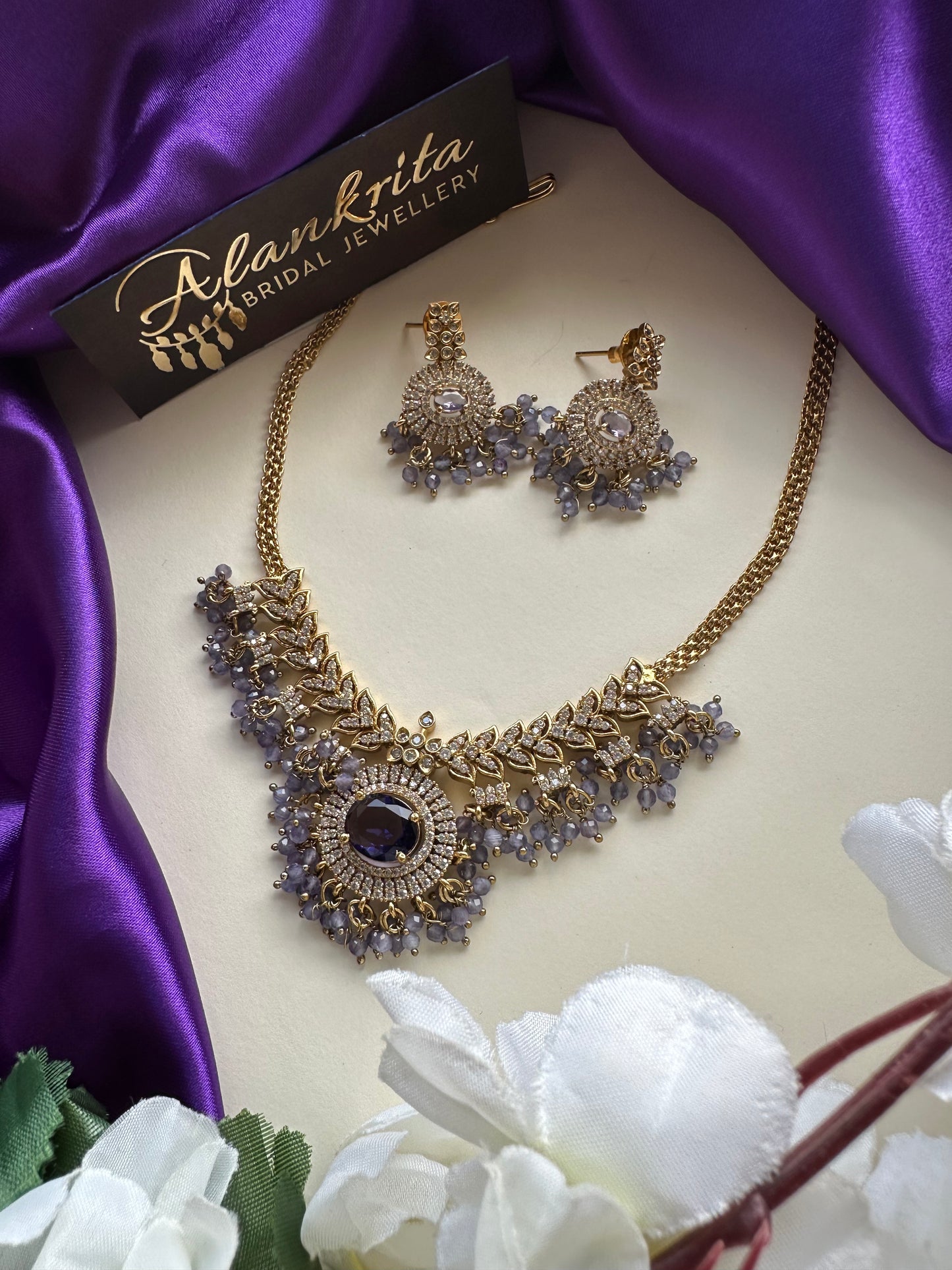 Purple Short Necklace with AD Stones