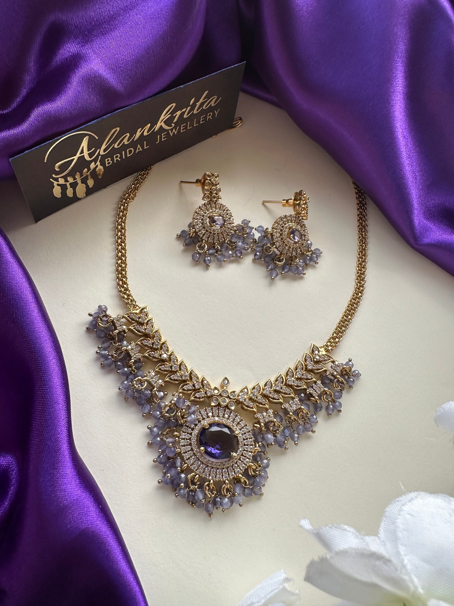 Purple Short Necklace with AD Stones