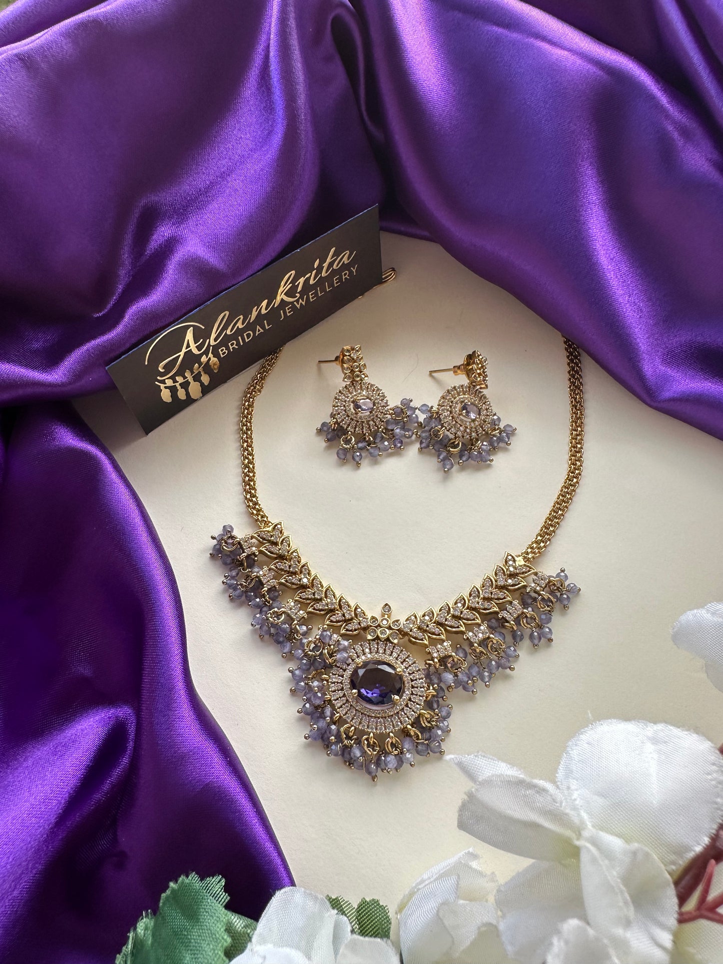 Purple Short Necklace with AD Stones