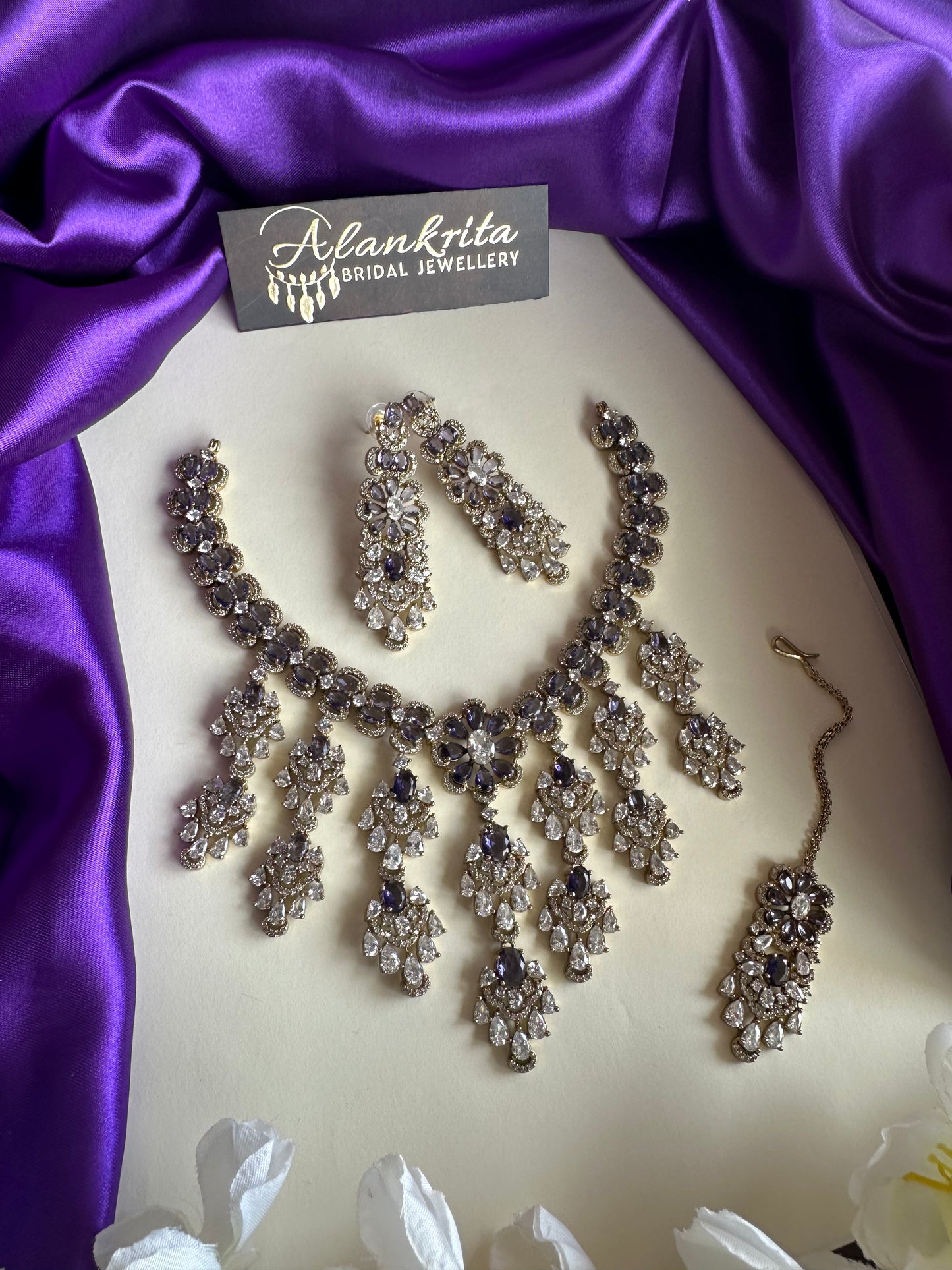 Premium Victorian Purple Short Necklace with Floral Hangings