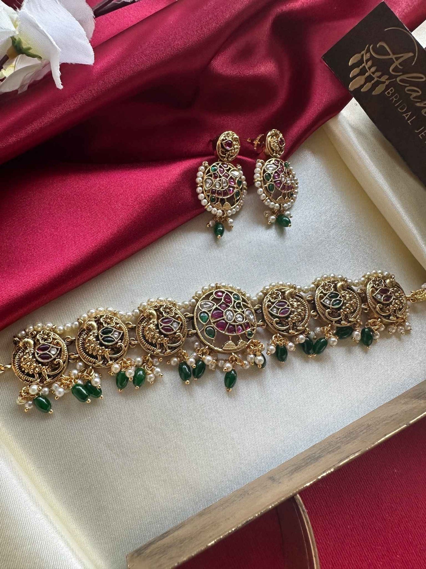 Premium Antique Peacock Kemp Choker with Green Beads