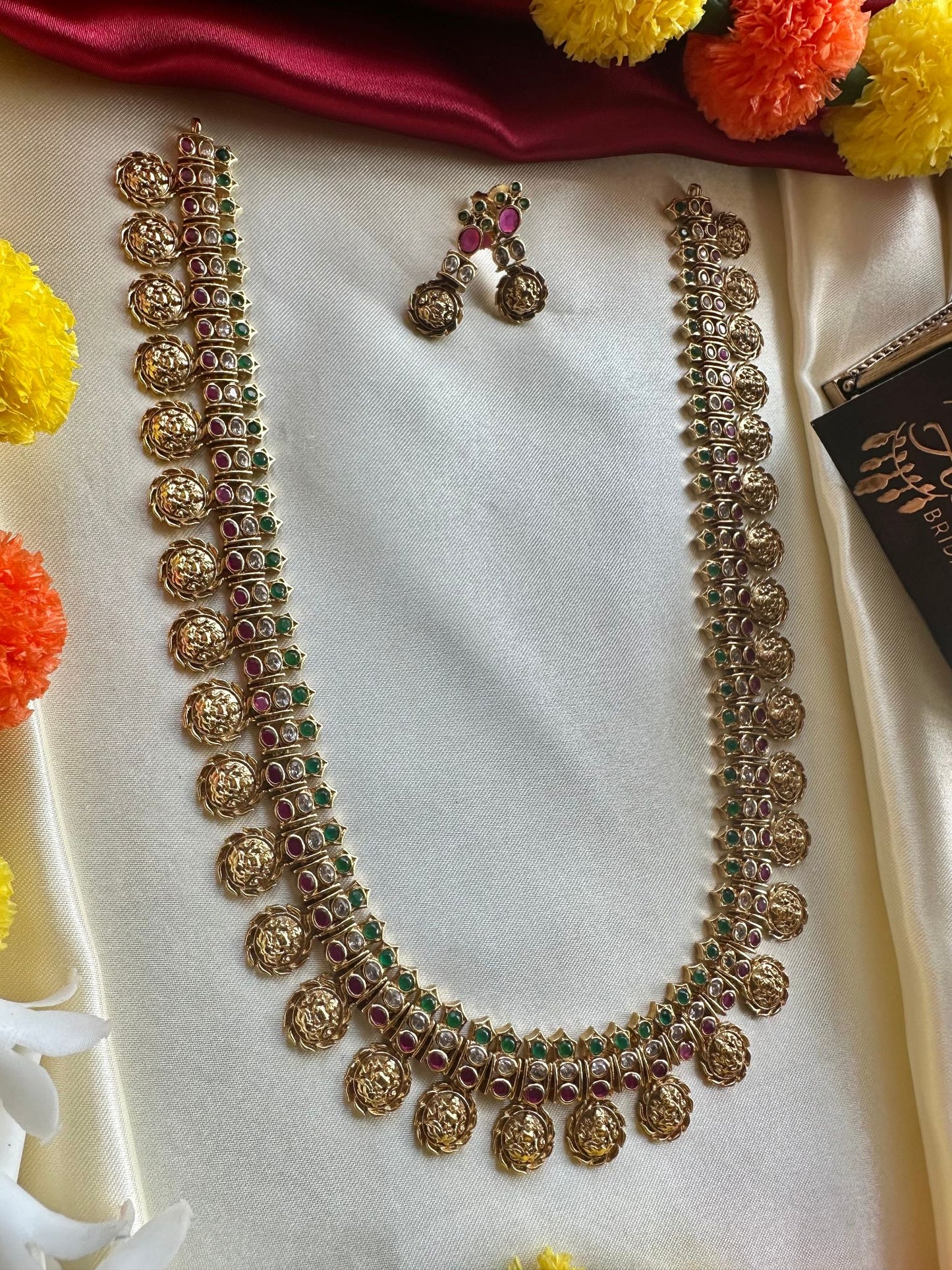 Premium Antique Lakshmi Coin Haram with Green & Ruby Stones