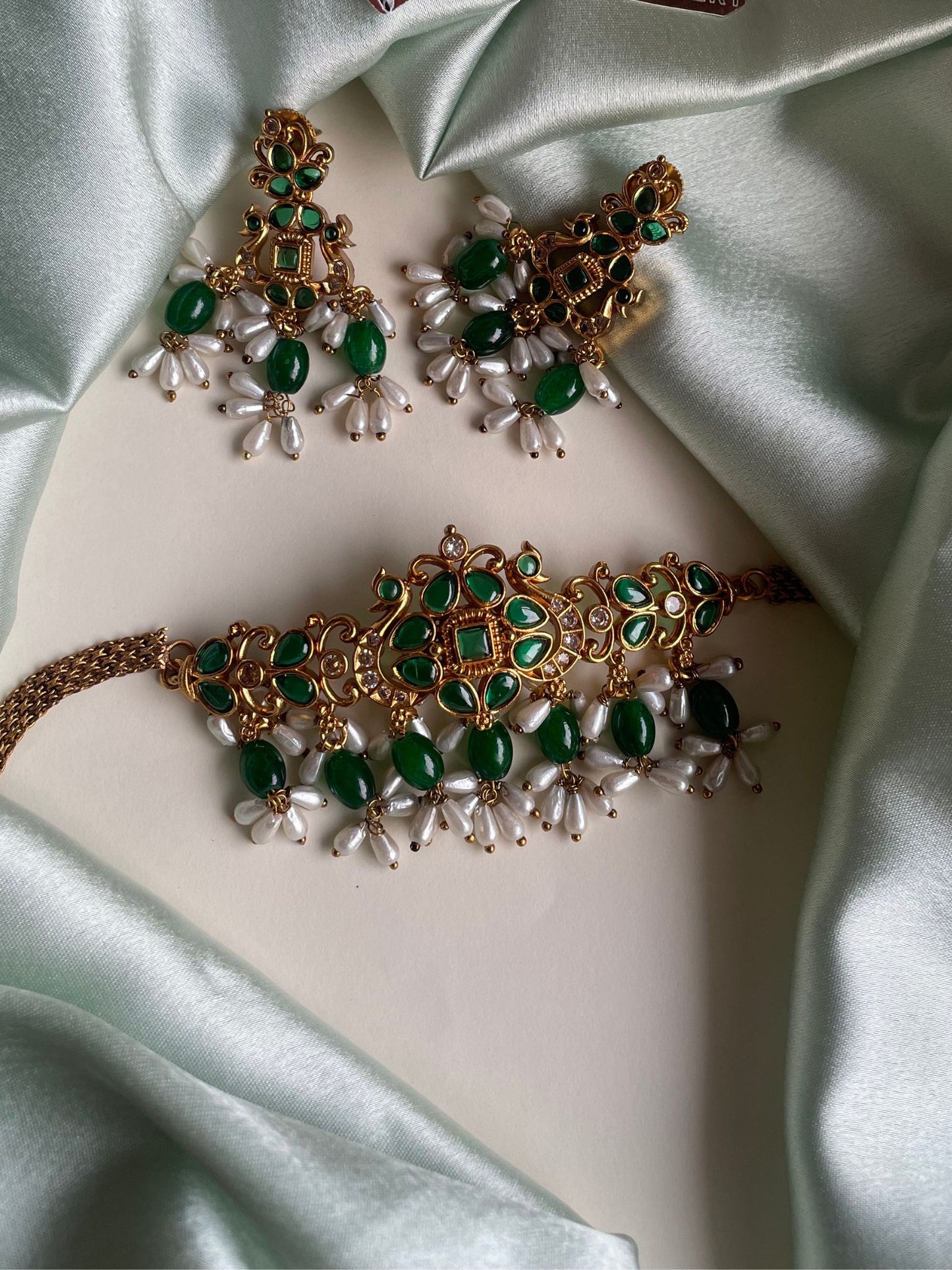Premium Antique Choker with Green kemp Stones