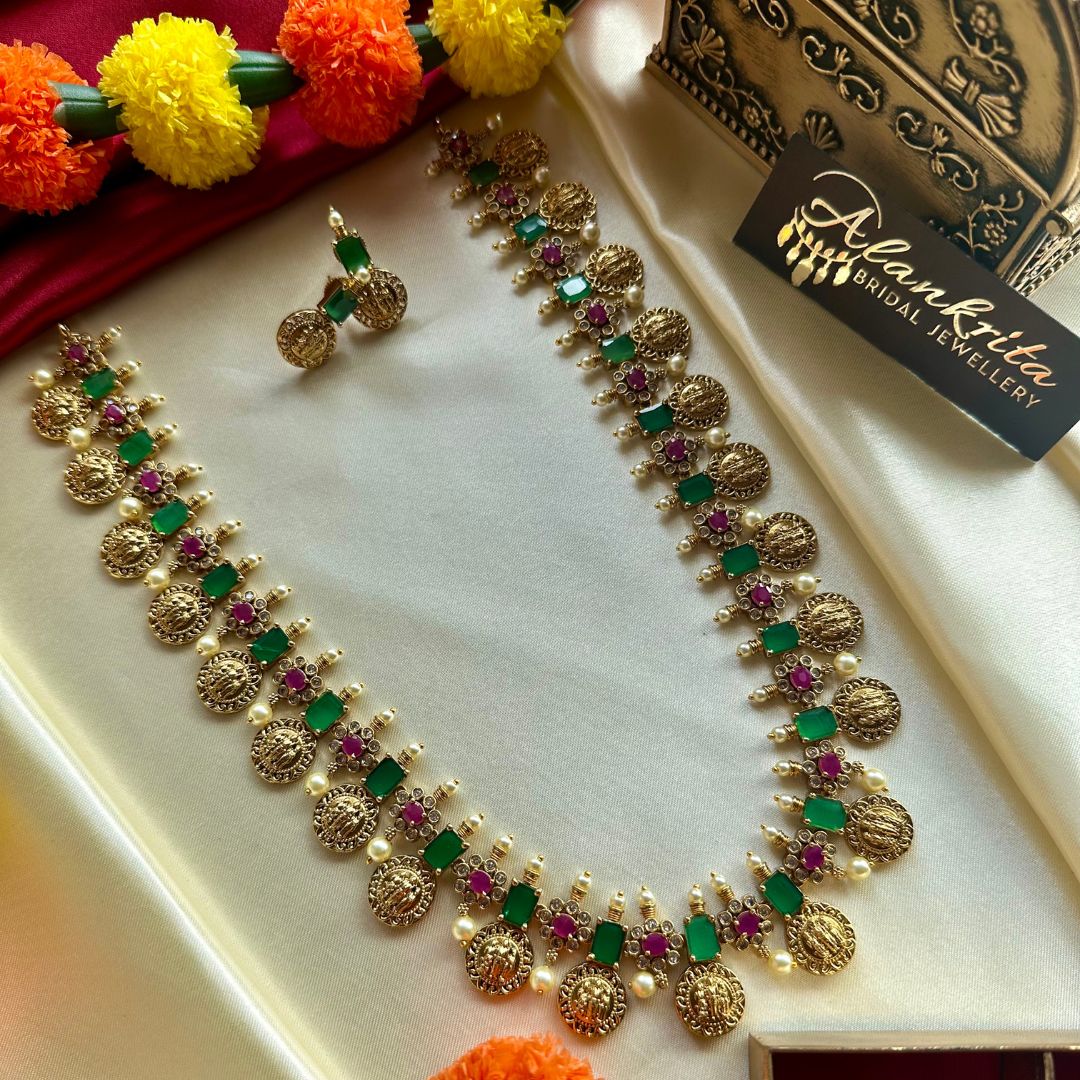 Premium Long Coin haram with Green & Ruby Stones