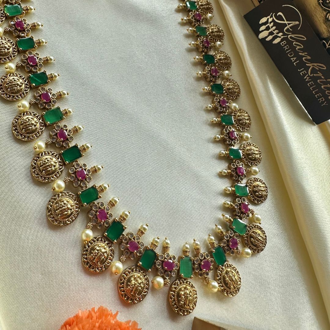 Premium Long Coin haram with Green & Ruby Stones