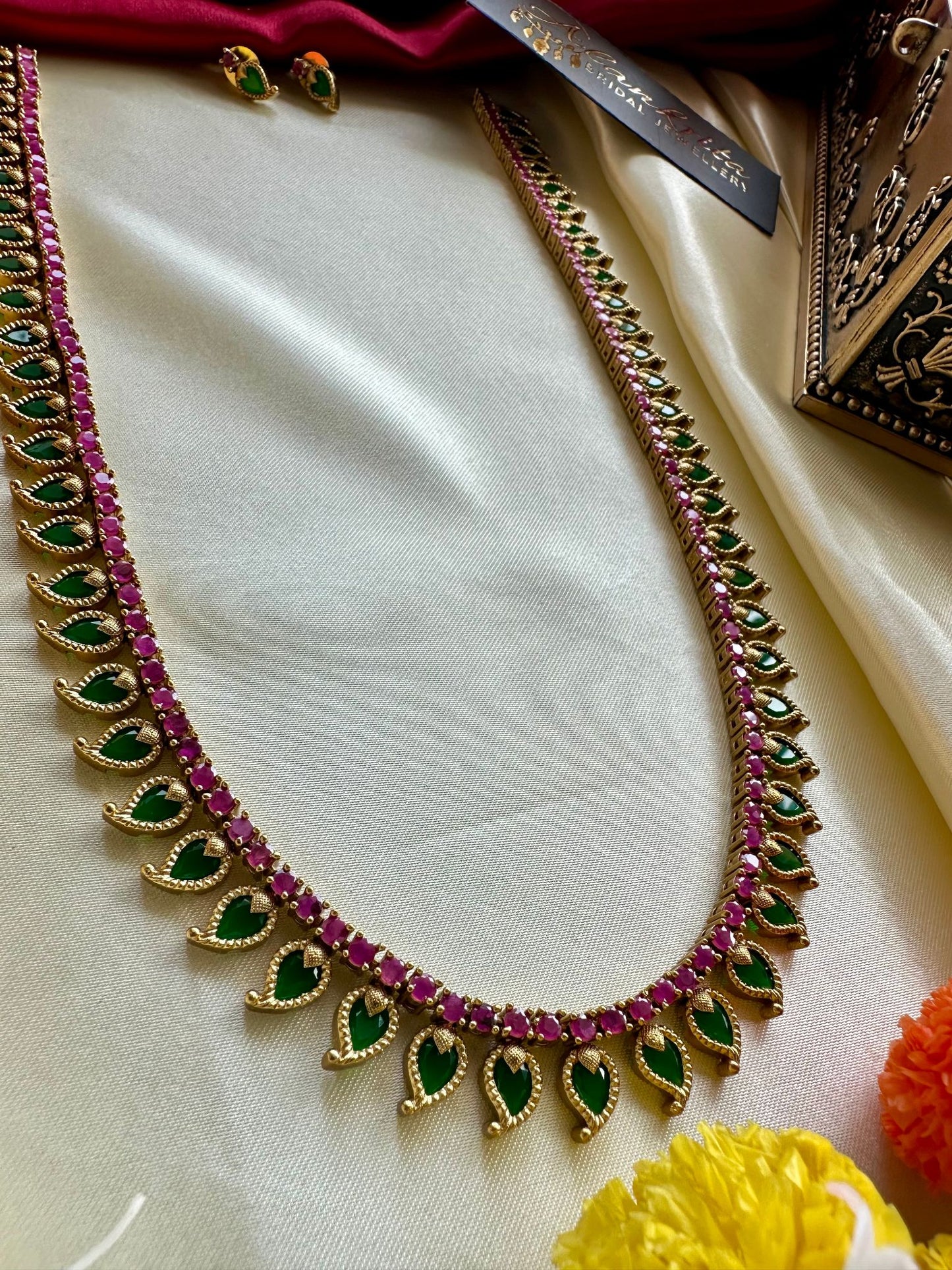 Long Palakka Haram with Green & Ruby Stones