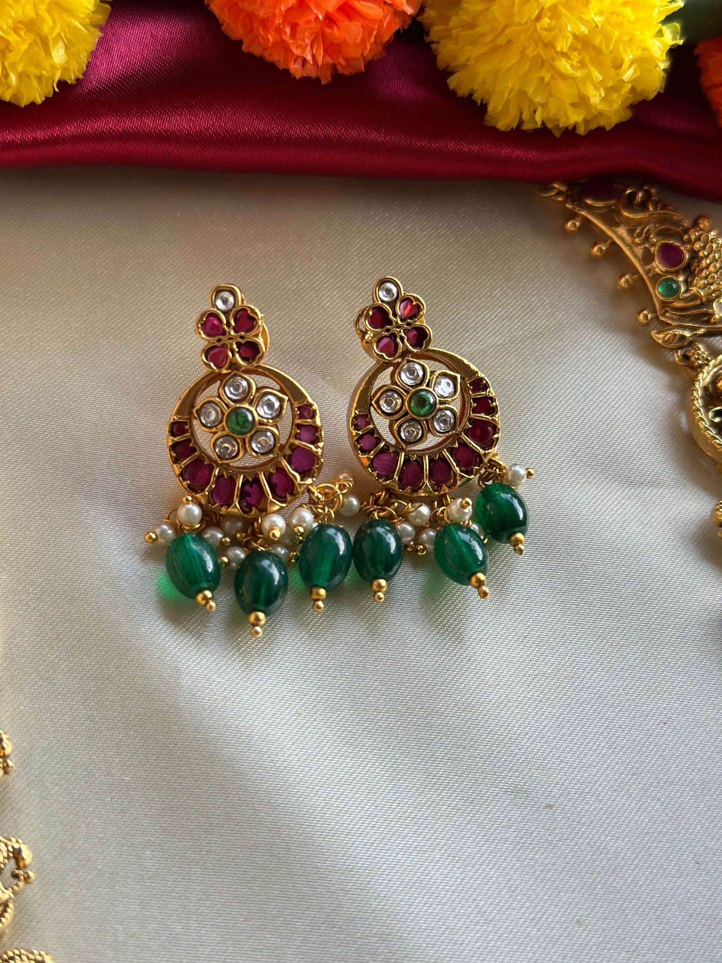Premium Antique Long Lakshmi Haram with Green Beads