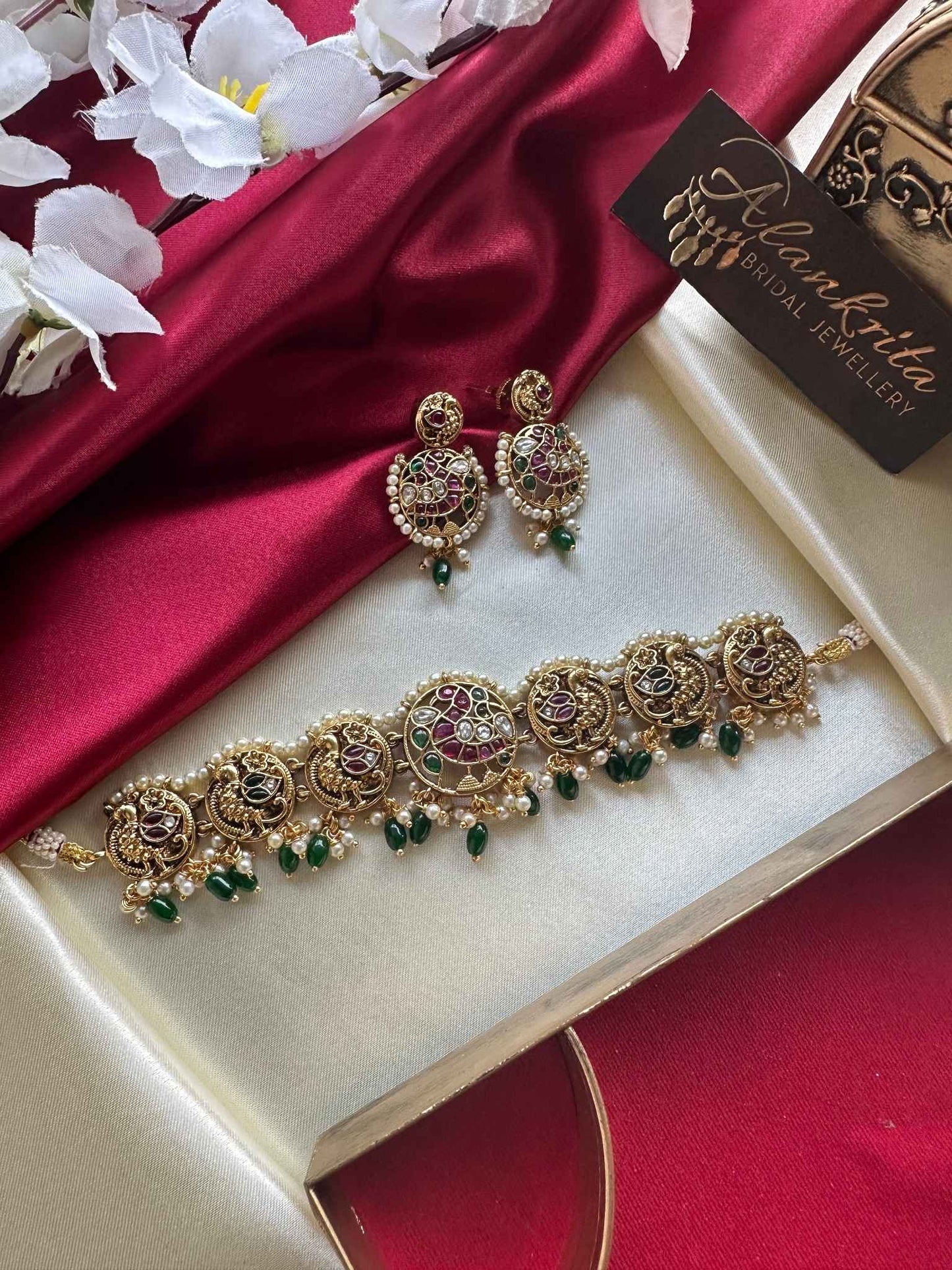 Premium Antique Peacock Kemp Choker with Green Beads