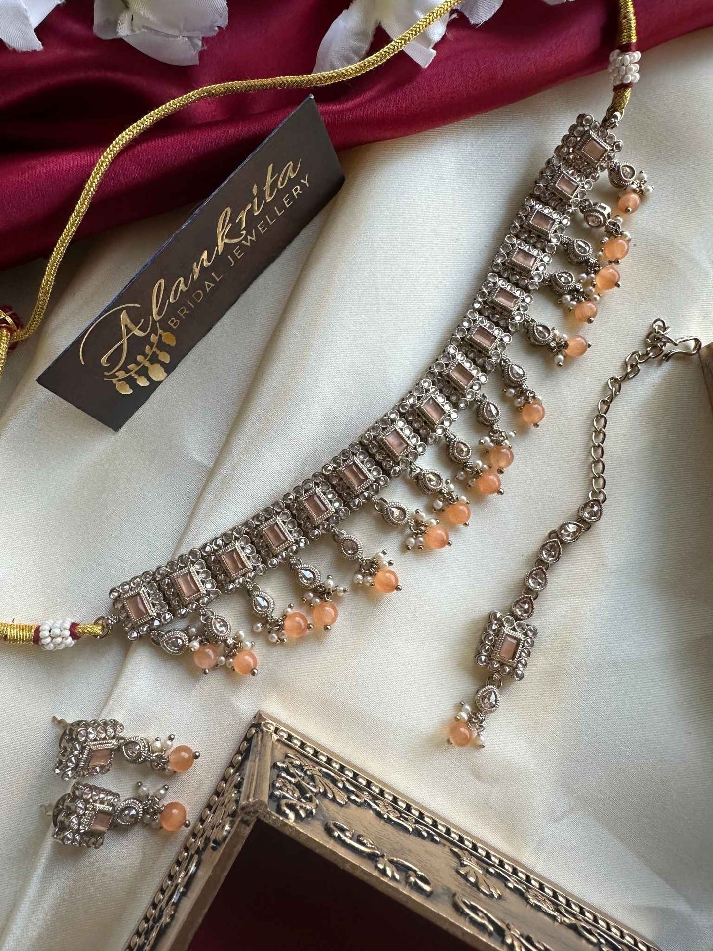 Premium Orange Kundan Choker with Tikka