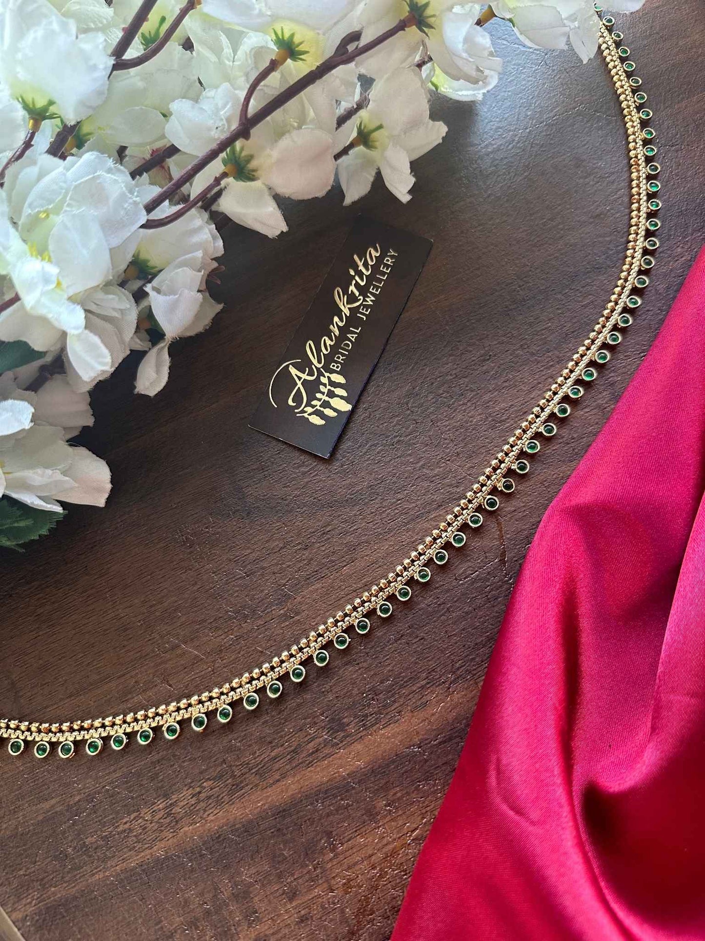 Simple Gold Look Alike Thin Hip Chain with Green Stones