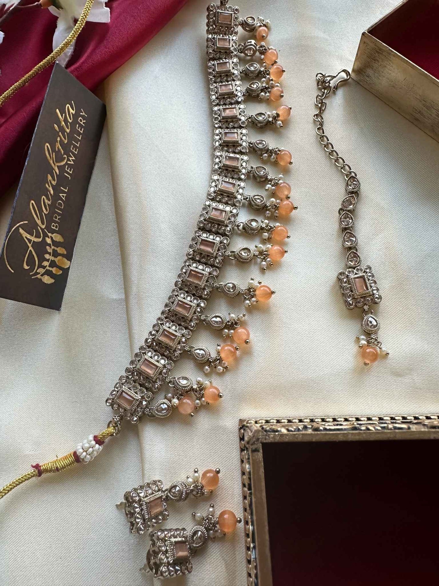 Premium Orange Kundan Choker with Tikka